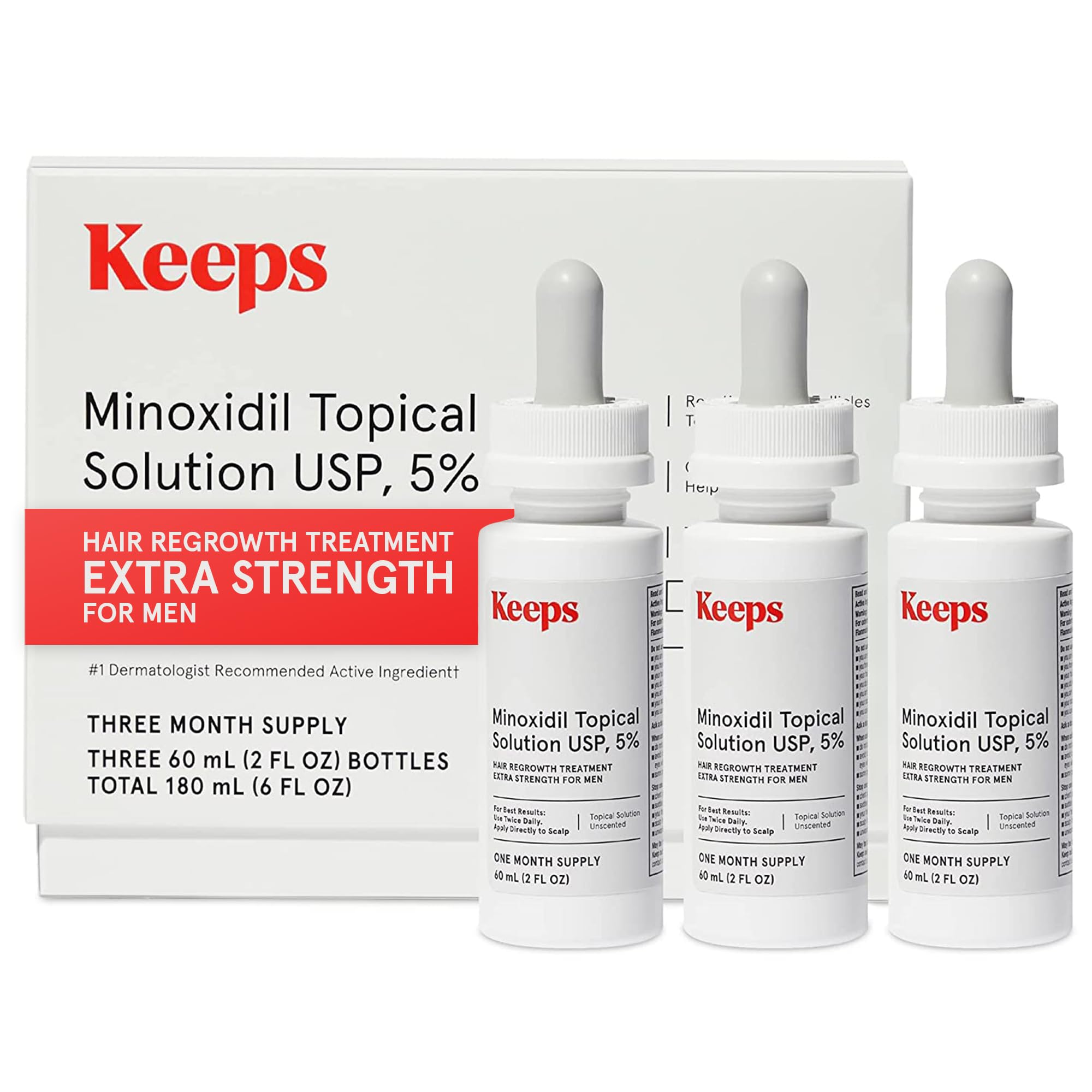 Keeps Extra Strength Minoxidil for Men Topical Hair Growth Serum, 5% Solution Hair Loss Treatment - 3 Month Supply (3 x 2oz Bott