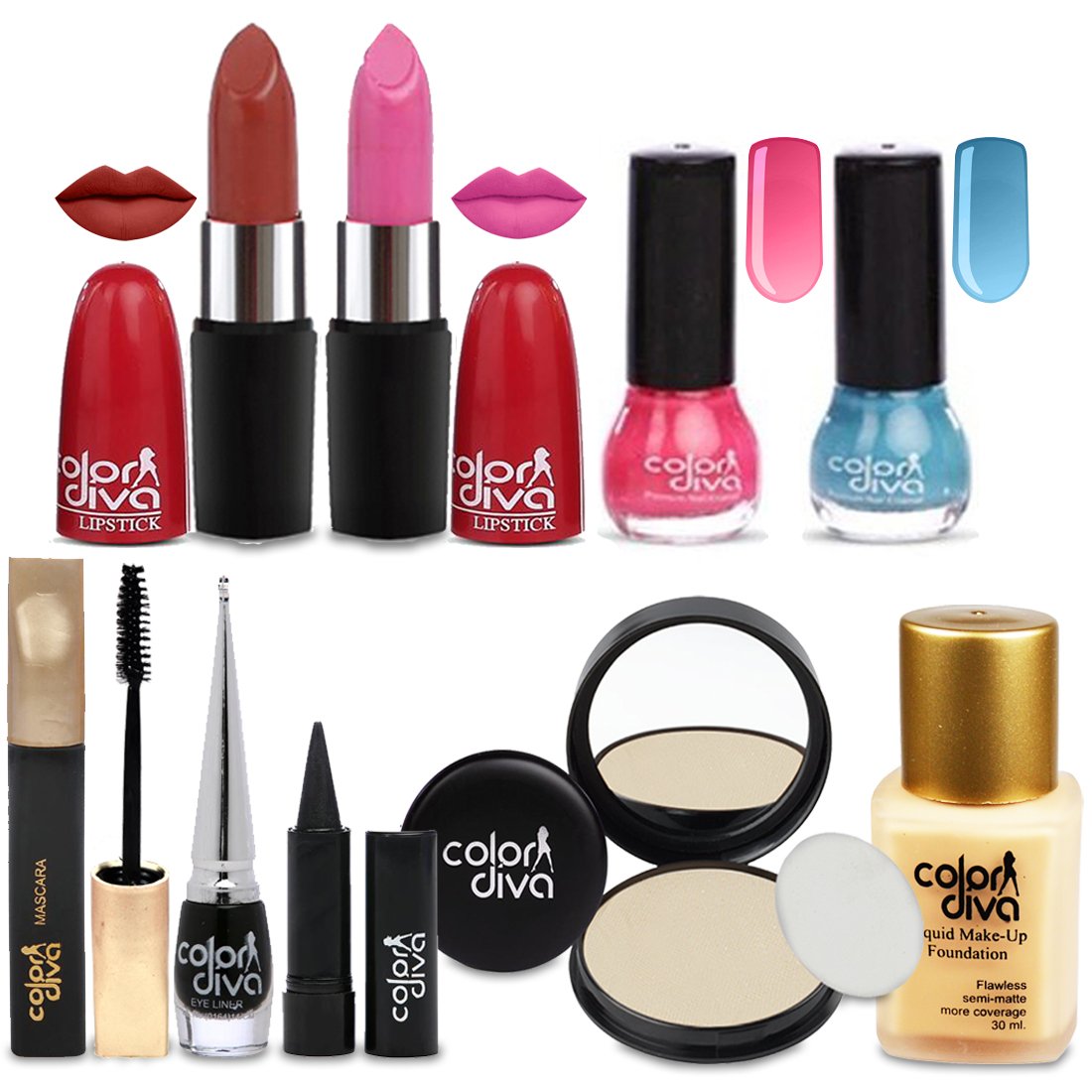 Color Diva Makeup Combo Included 2 Lipstick, 2 Nail Paint, 1 Mascara, 1 Kajal, 1 Compact, 1 Foundation, 1 Eyeliner | Full Covera