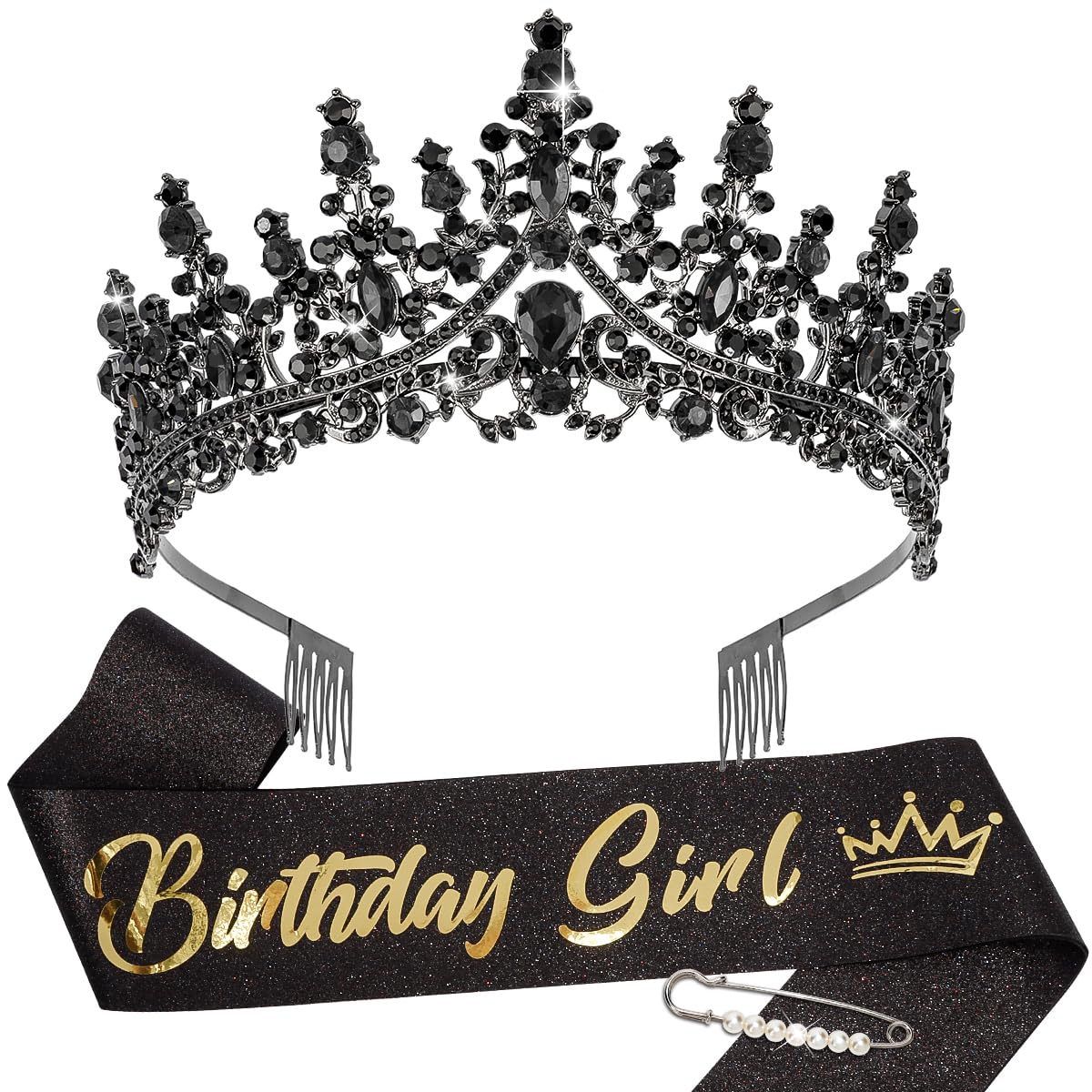 TOBATOBA Birthday Sash Birthday Crowns for Women Girls, Black Gold Birthday Girl Sash and Tiara Set, Birthday Crown and Sash for