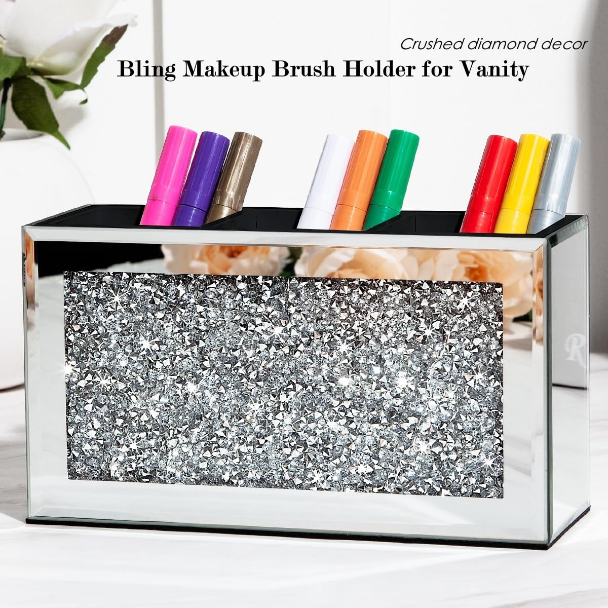 SHYFOY Mirrored Makeup Brush Holder Organizer, 3 Slot Glass Cosmetics Brushes Storage Holders with Crystal Crushed Diamond, Cute