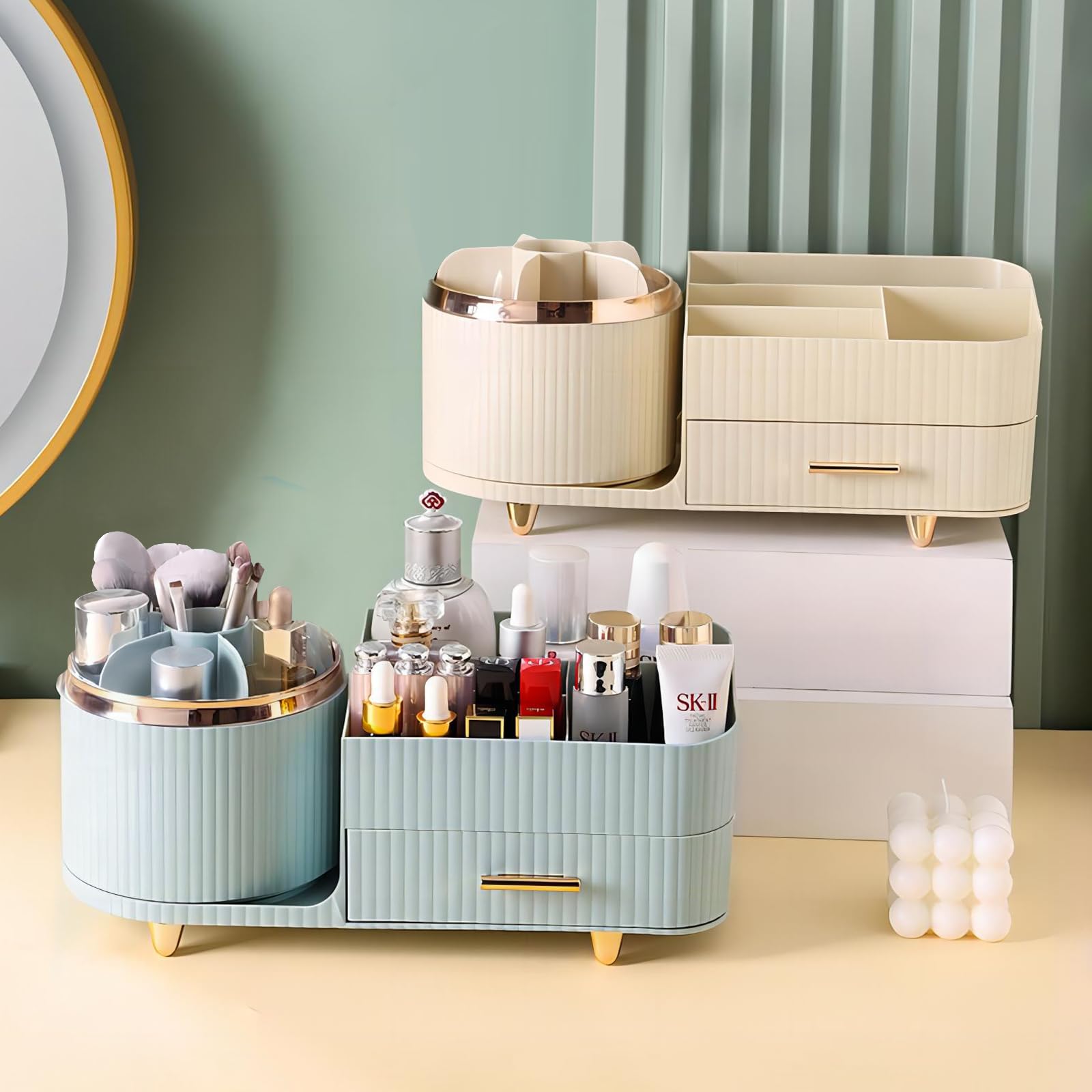 DASITON 360 Rotating Makeup Organizer with Drawers-Large Capacity Cosmetic Display Case for Skincare,Brushes,Eyeshadow&Lipstick(