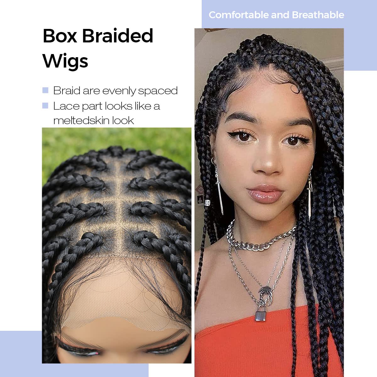 KRALER 36 inch Braided Wigs for Black Women, Knotless Box Braid Wig Glueless Full Double Lace Square Based Micro Box Braids Wig