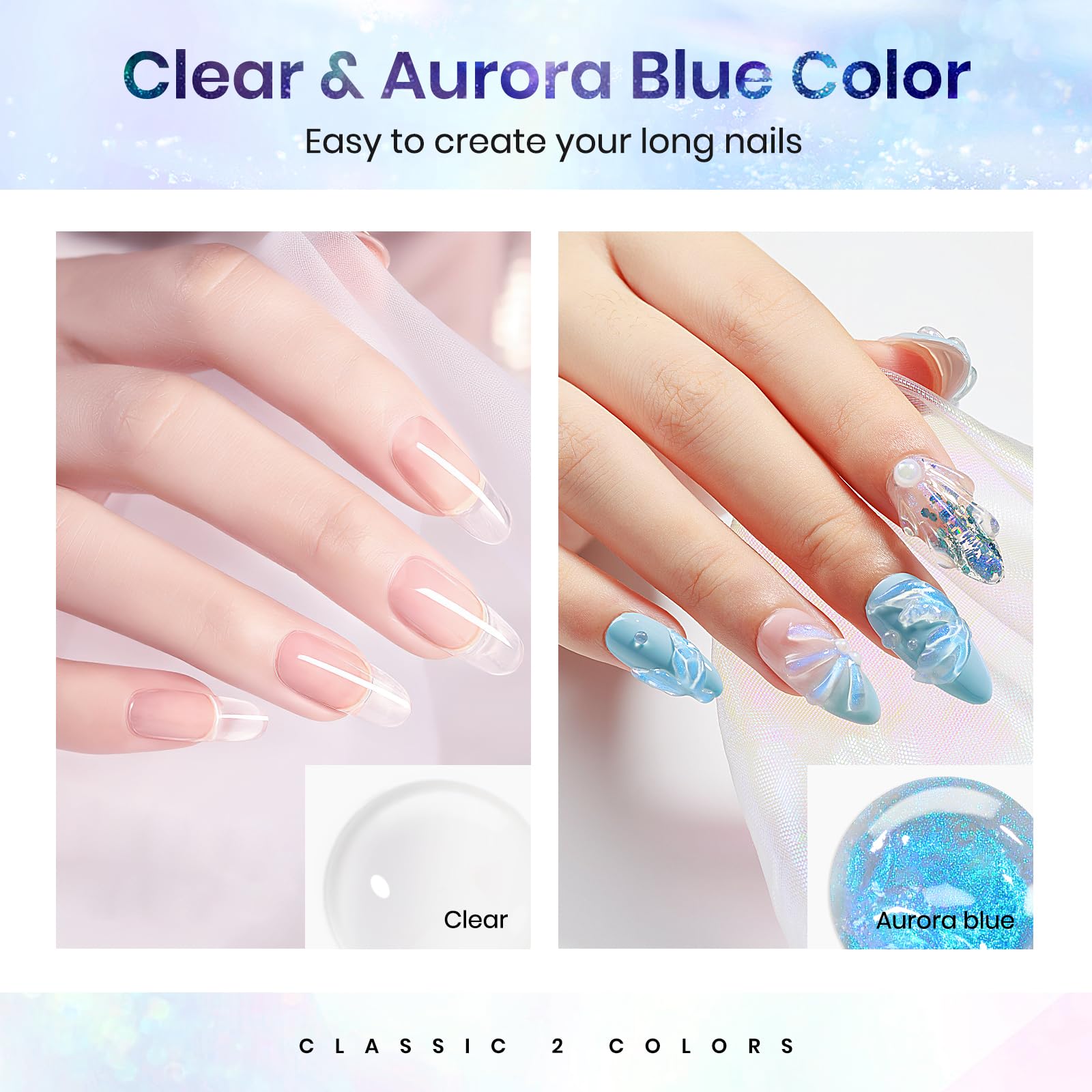Mizhse 2Pcs Solid Builder Gel For Nails Kit: 30G/1Oz Clear & Aurora Hard Gel For Nails 3D Nail Gel With Nail Forms 3D Silicone M