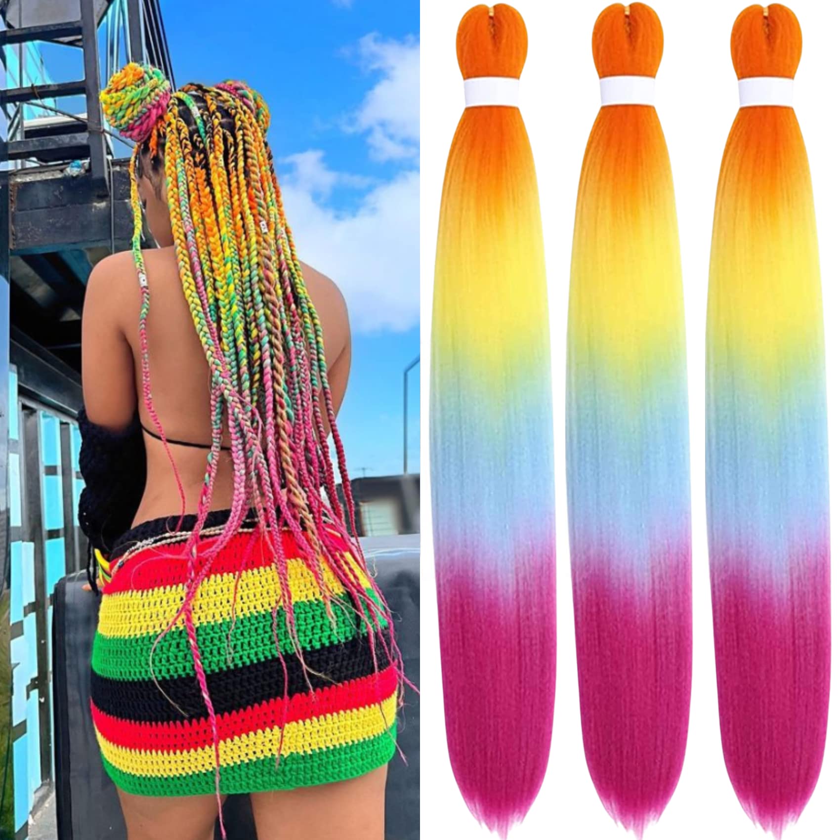Leticia Rainbow Braiding Hair Pre Stretched Human Braiding Hair Rainbow Kanekalon Braiding Hair Extensions