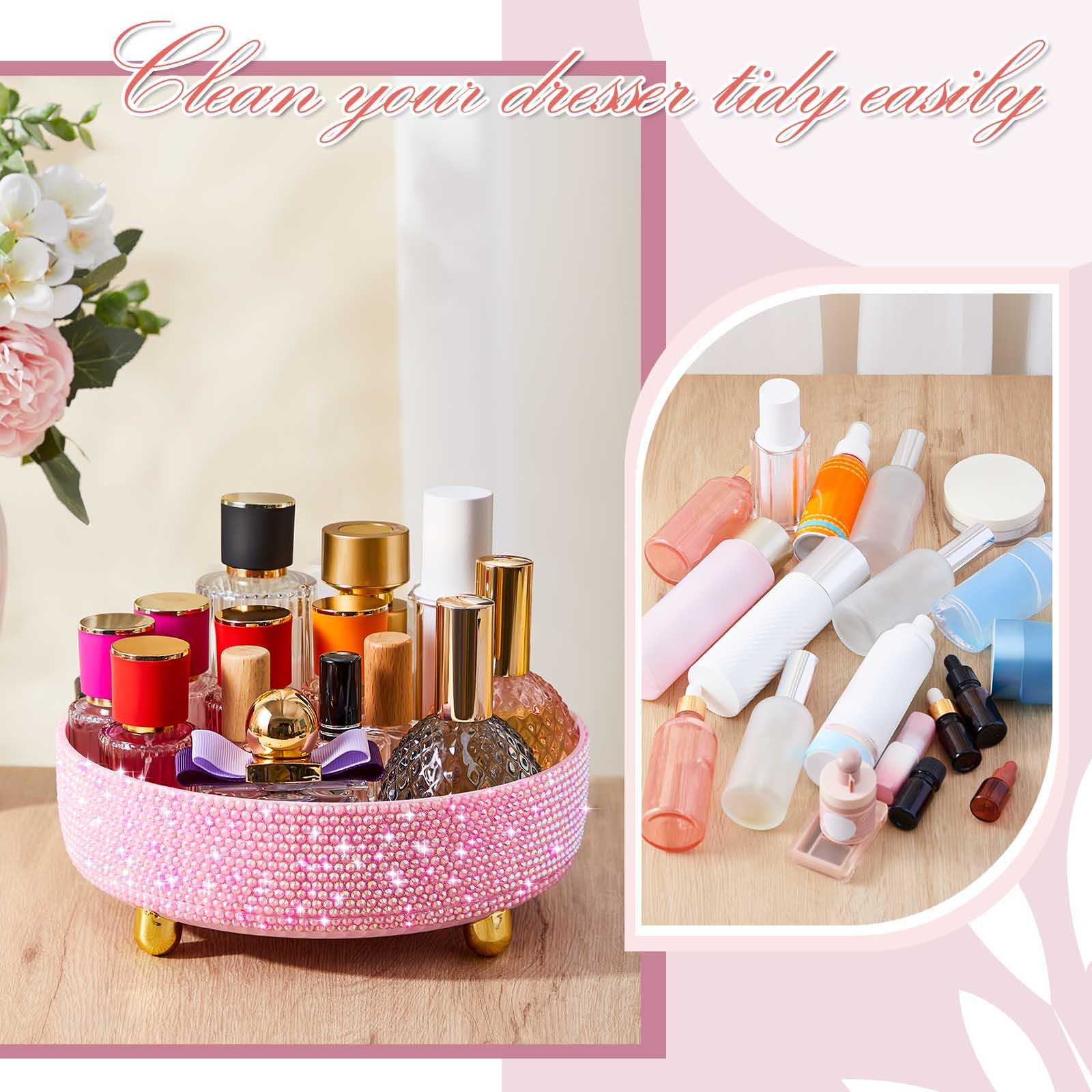 Honeydak Bling Perfume Makeup Organizer Rhinestone Bathroom Organizers and Storage 360 Rotating Makeup Organizer for Countertop