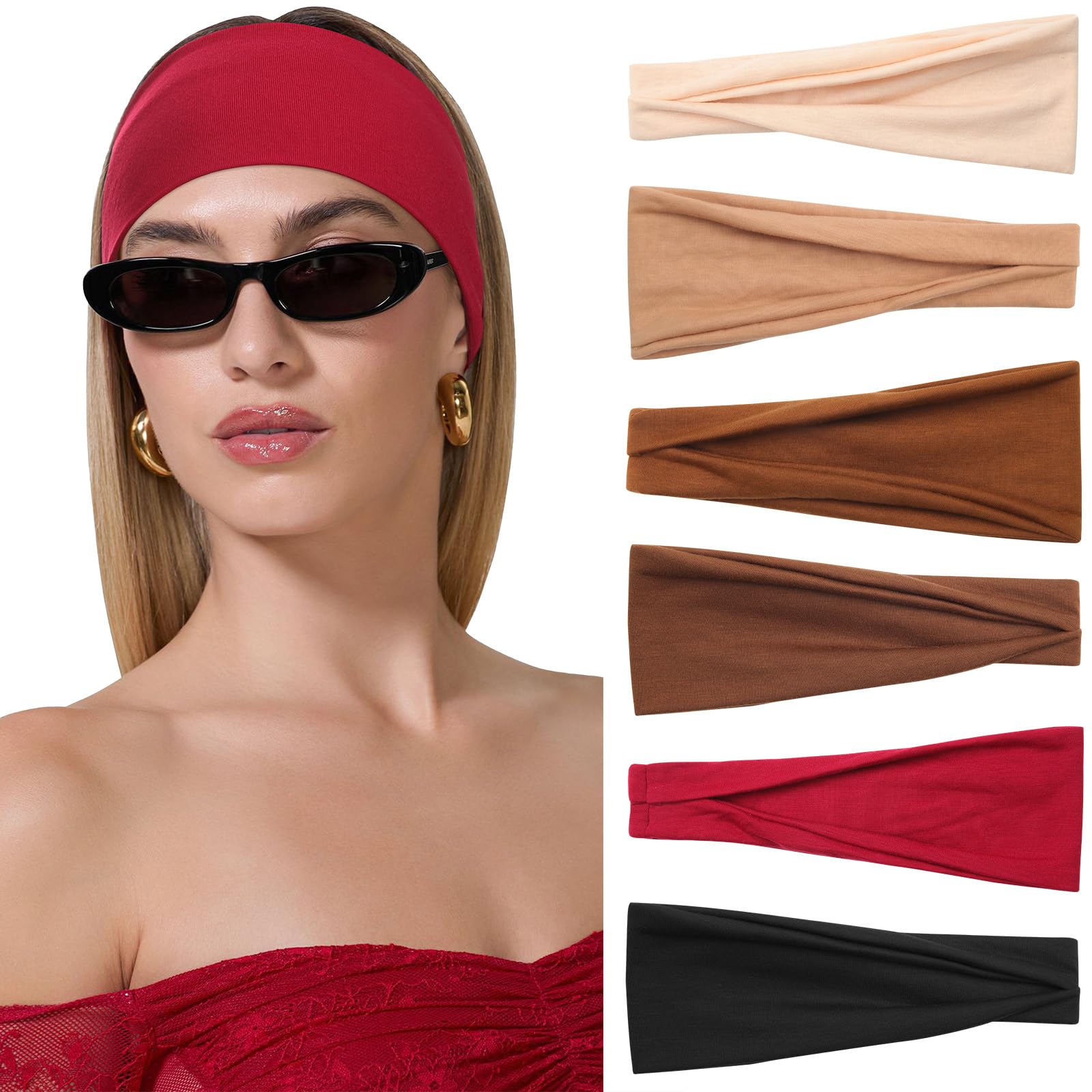 AWAYTR 6 Pack Wide Headbands for Women, Non Slip Stretchy Yoga Workout Head Bands, Trendy Everyday Fashion Hair Bands (Black/Red