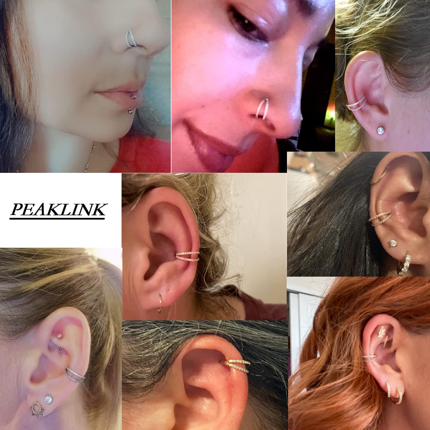 PEAKLINK 18G Double Open Stacked Septum Nose Ring Conch Hoop Earrings Cartilage Helix Earrings Gold 316L Surgical Steel Micro Pa
