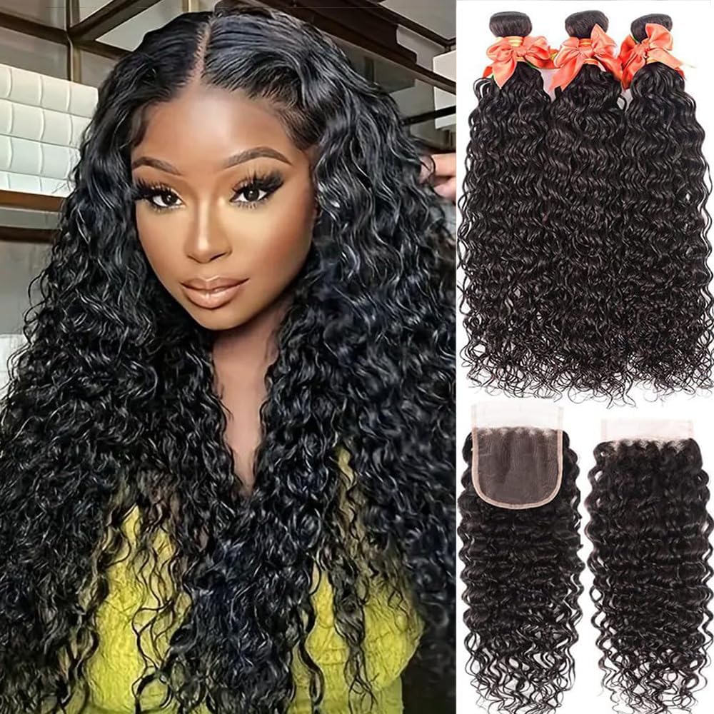 Alimog Water Wave Bundles With Closure Brazilian Virgin Hair Wet And Wavy Bundles With Lace Closure And Curly Bundles With Closu