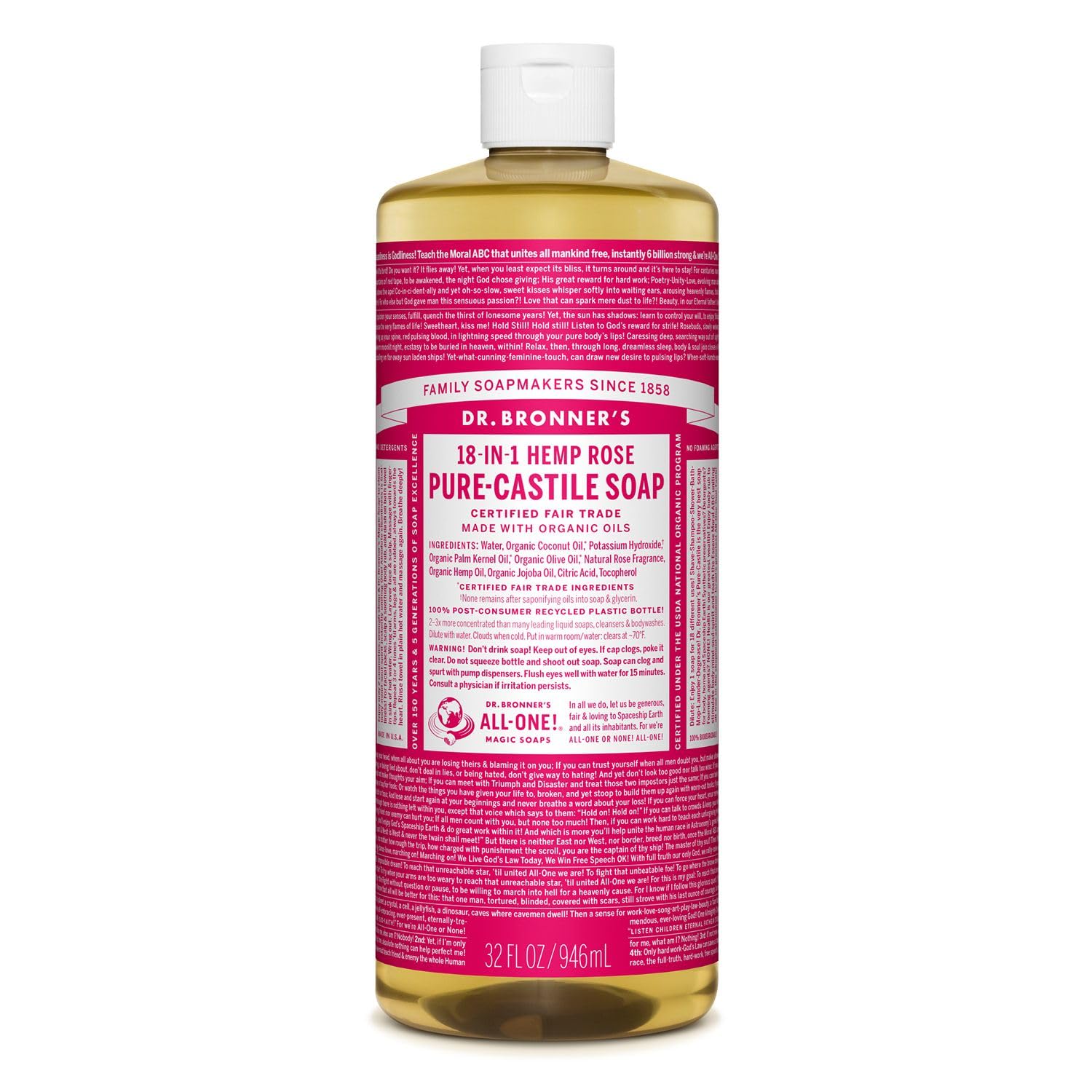 Dr. Bronner'S - Pure-Castile Liquid Soap (Rose, 32 Ounce) - Made With Organic Oils, 18-In-1 Uses: Face, Body, Hair, Laundry, Pet