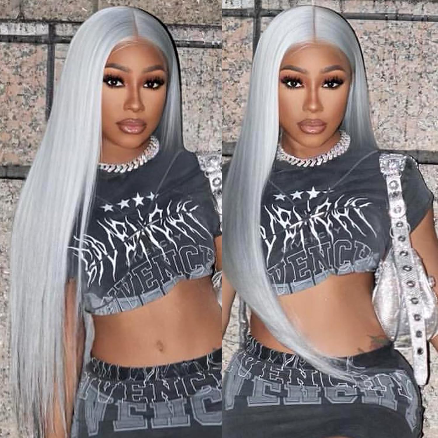 BrownBomb Grey Wig Long Silver Lace Front Wig Pre Plucked Small Knots Ready to Wear, Silver Gray Synthetic Hair Wigs for Women 2