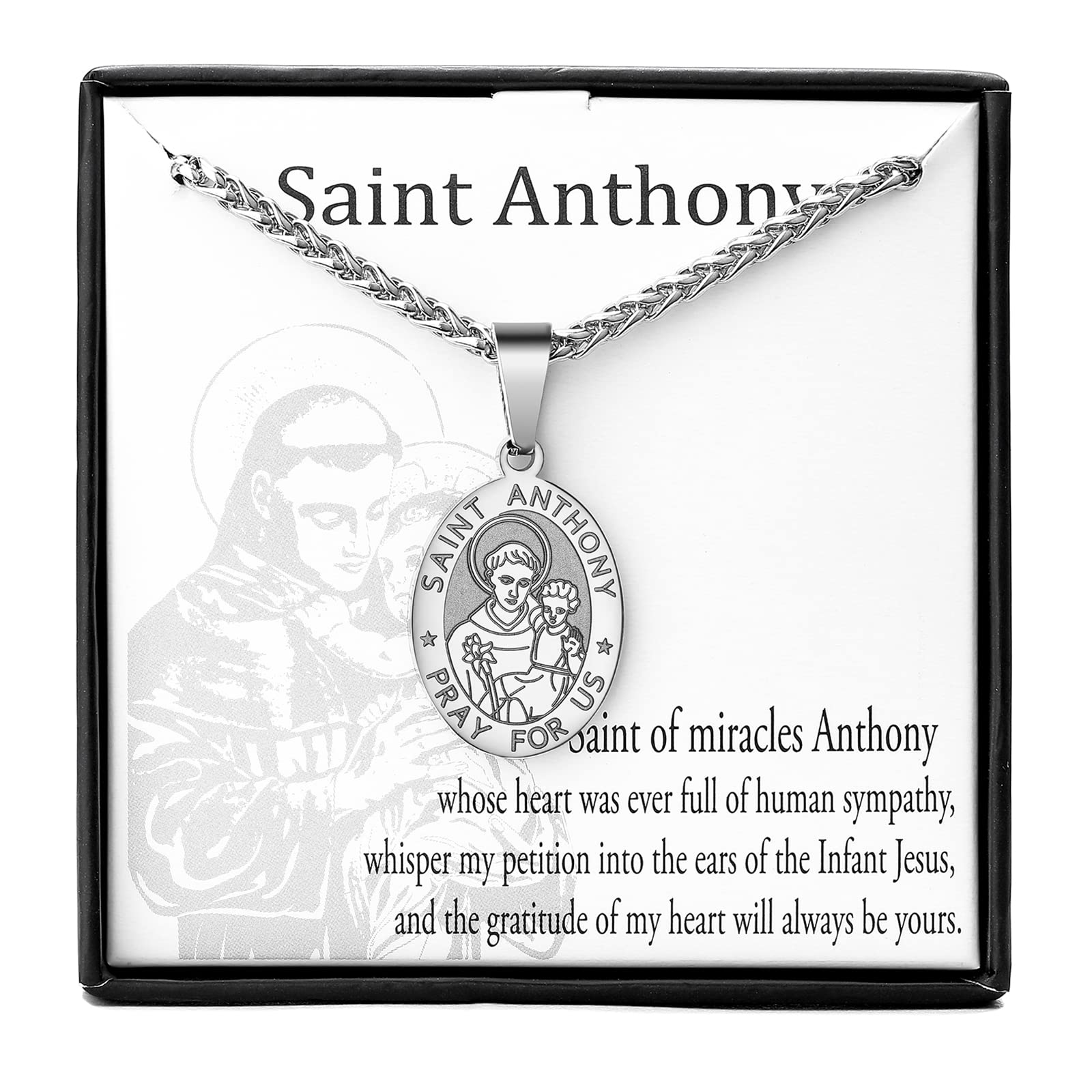 Zocomi Silver Saint St Anthony Medal Necklace for Men Boys, St. Anthony Pendant Chain Jewelry Catholic Christian Religious Bapti