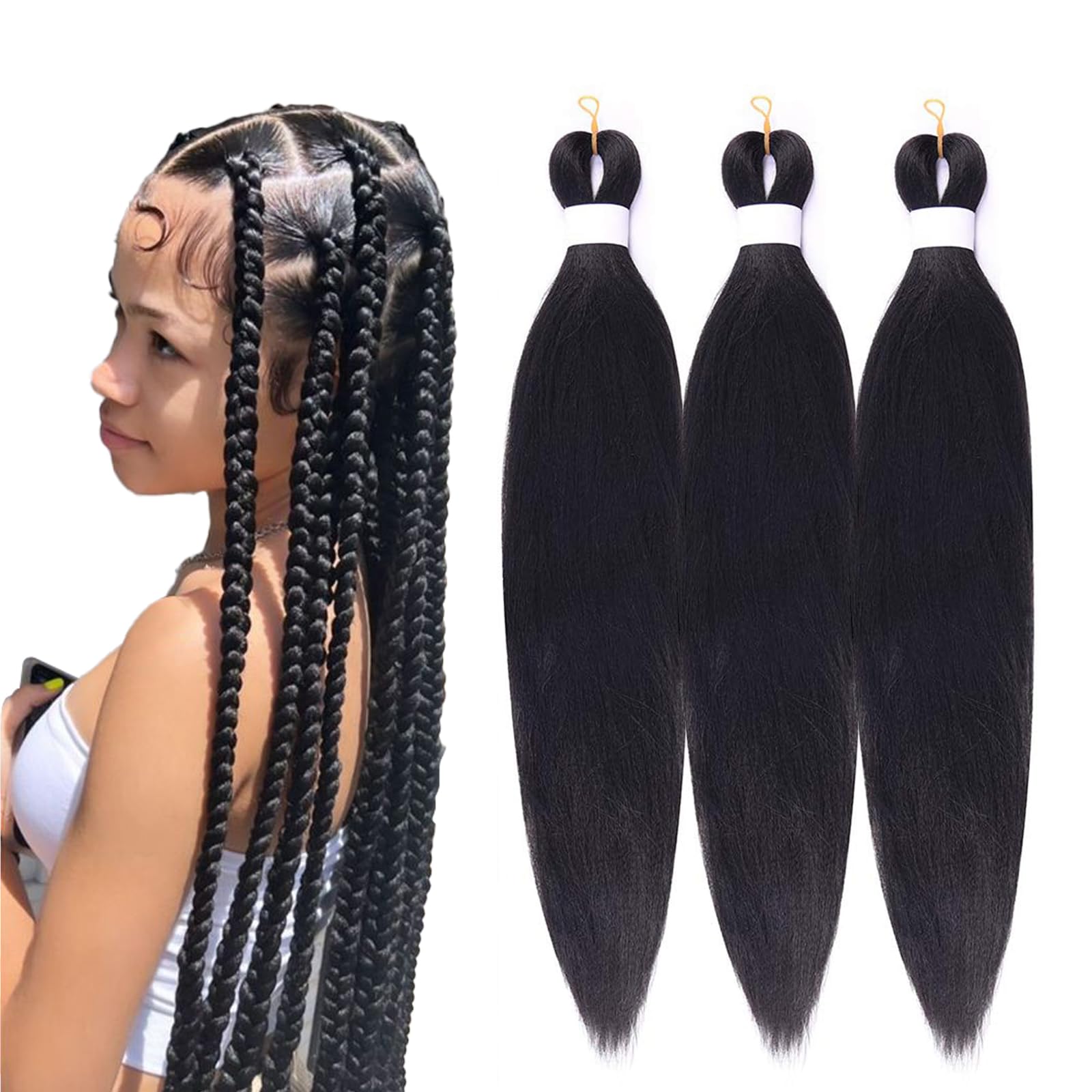 Pre Stretched Black Braiding Hair Extensions 3 Packs 26 Inch Long Braid Hair Hot Water Setting Yaki Texture Synthetic Braiding H