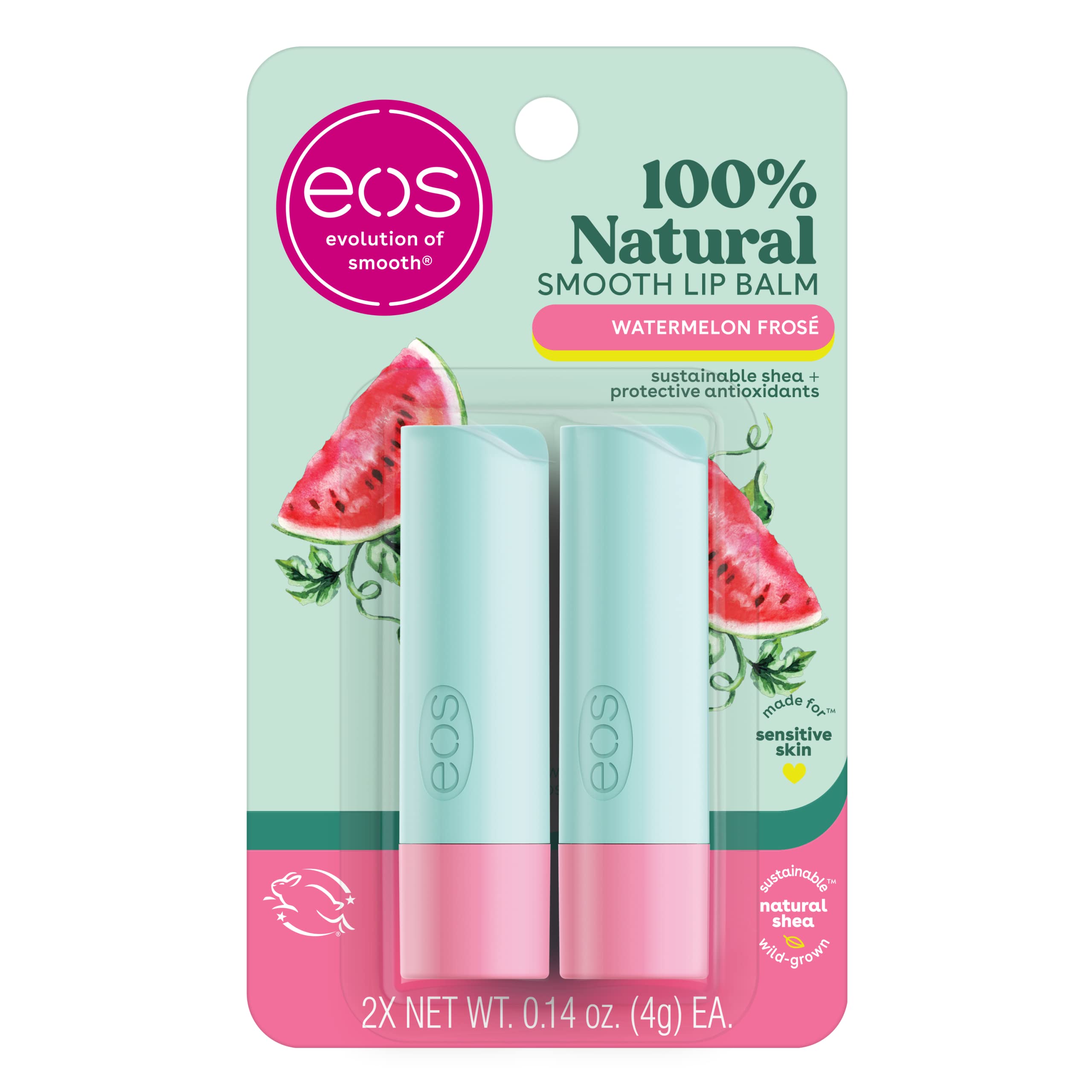 Eos 100% Natural Lip Balm, Watermelon Fros, All-Day Moisture, Lip Care Products, 0.14 Oz, 2-Pack