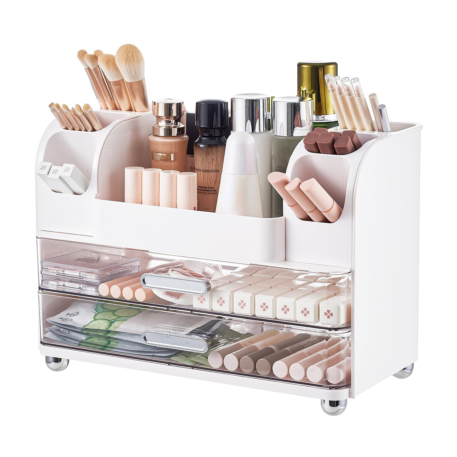 UFORU Makeup Organizer for Vanity with 2 Large Drawers, Cosmetic Display Case with Brush Holders, Easy to Storage for Bathroom C
