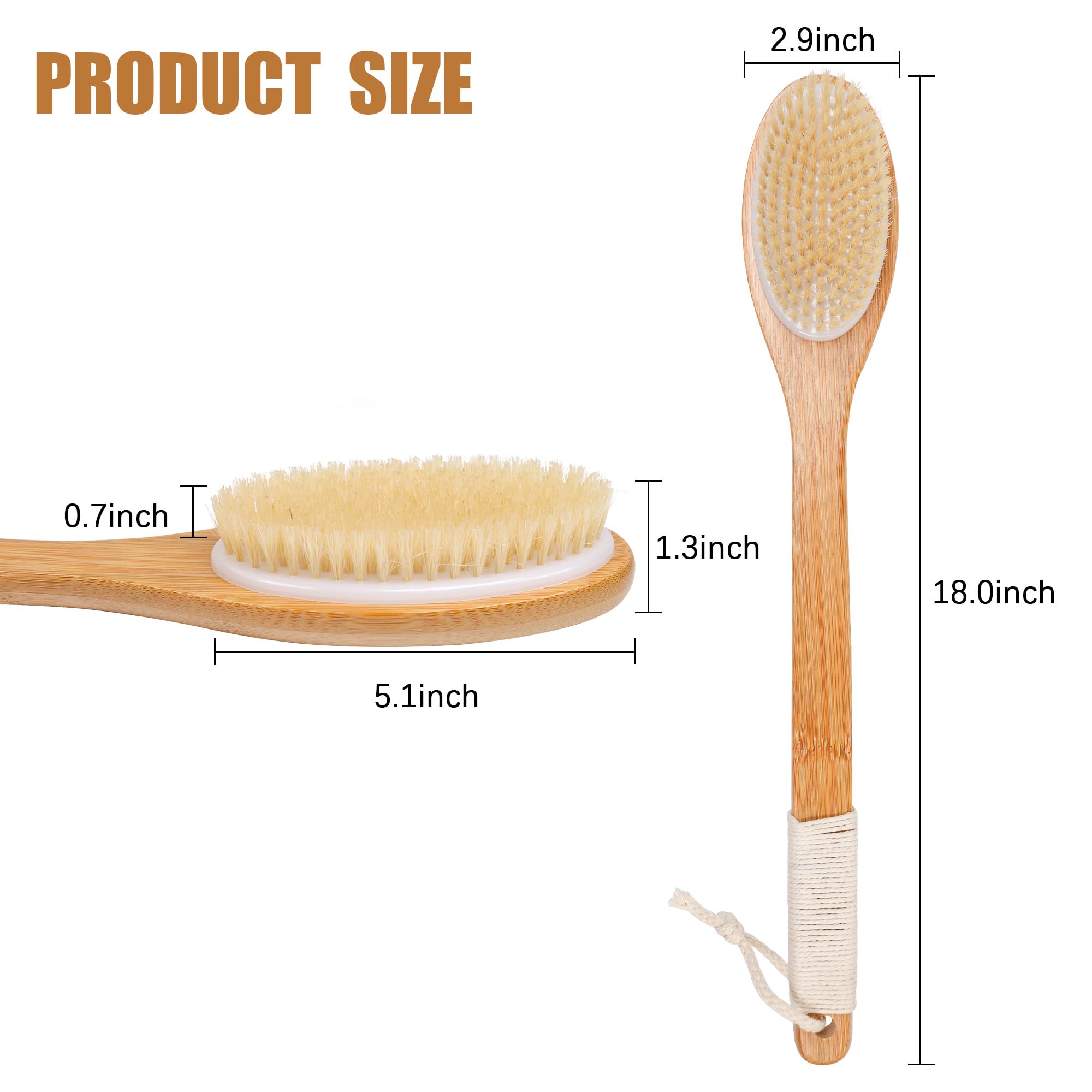 Owiizi Bath Brush Bamboo Curved Long Handle Antiskid Body Brush For Exfoliating, Natural Bristles Shower Scrubber For Back Use W