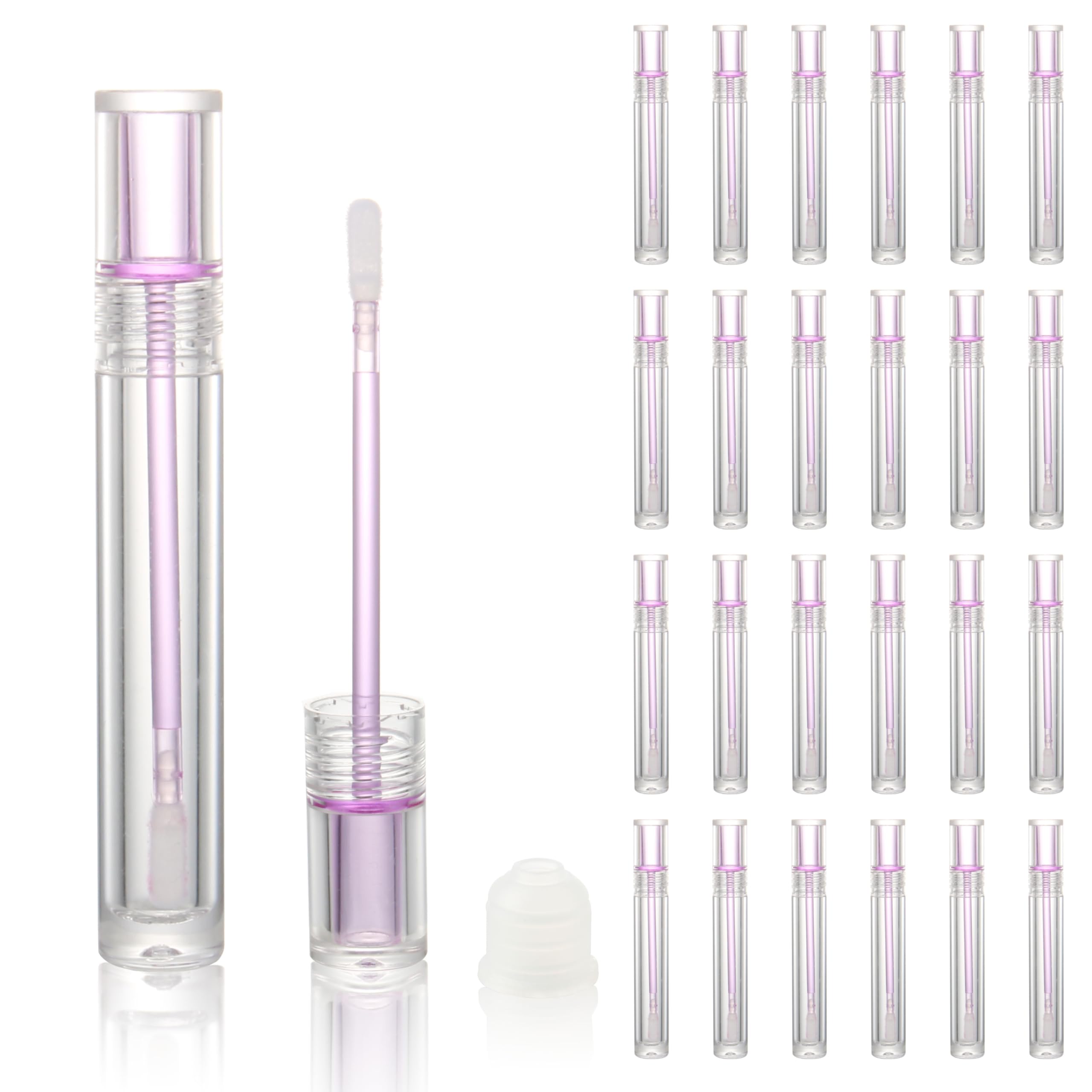 COSIDEA 25pcs Empty Round Clear 4ml 0.13oz lip gloss tubes with soft silicon tip Purple wand transparent Lipgloss tube container