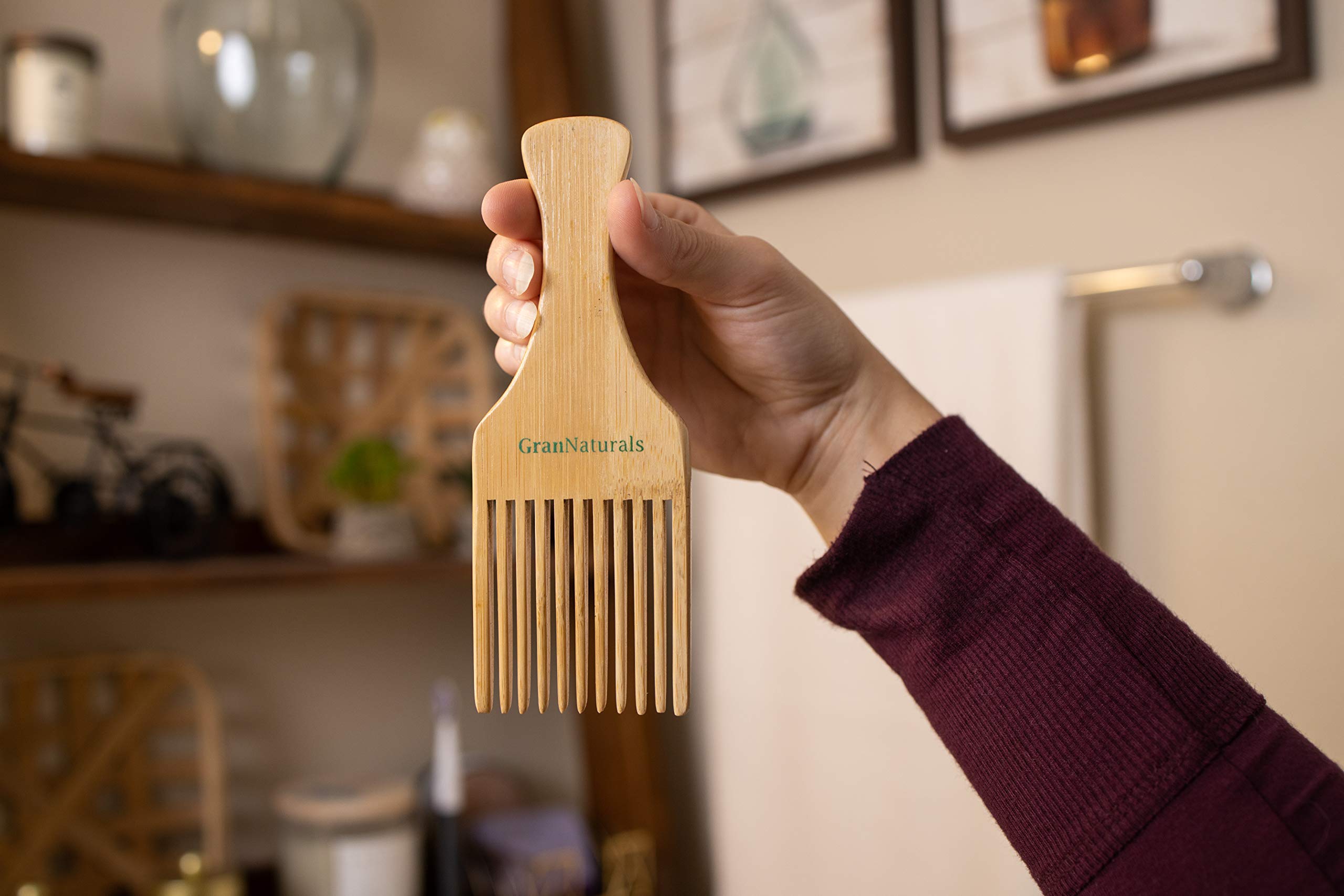 Grannaturals Wooden Comb & Hair Pick - Natural Wood Volumizing & Styling Tool For Thick, Coarse, Curly Hair - Non-Static Comb Fo