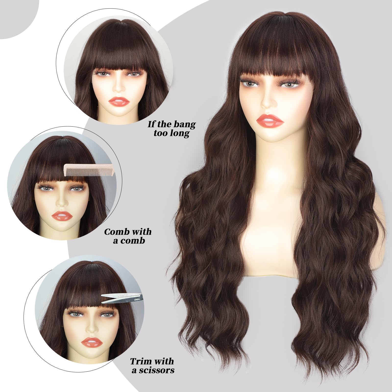 Lativ Long Wavy Reddish Brown Wig with Bangs, 26 Inch Synthetic Heat Resistant Fiber for Daily Party Use