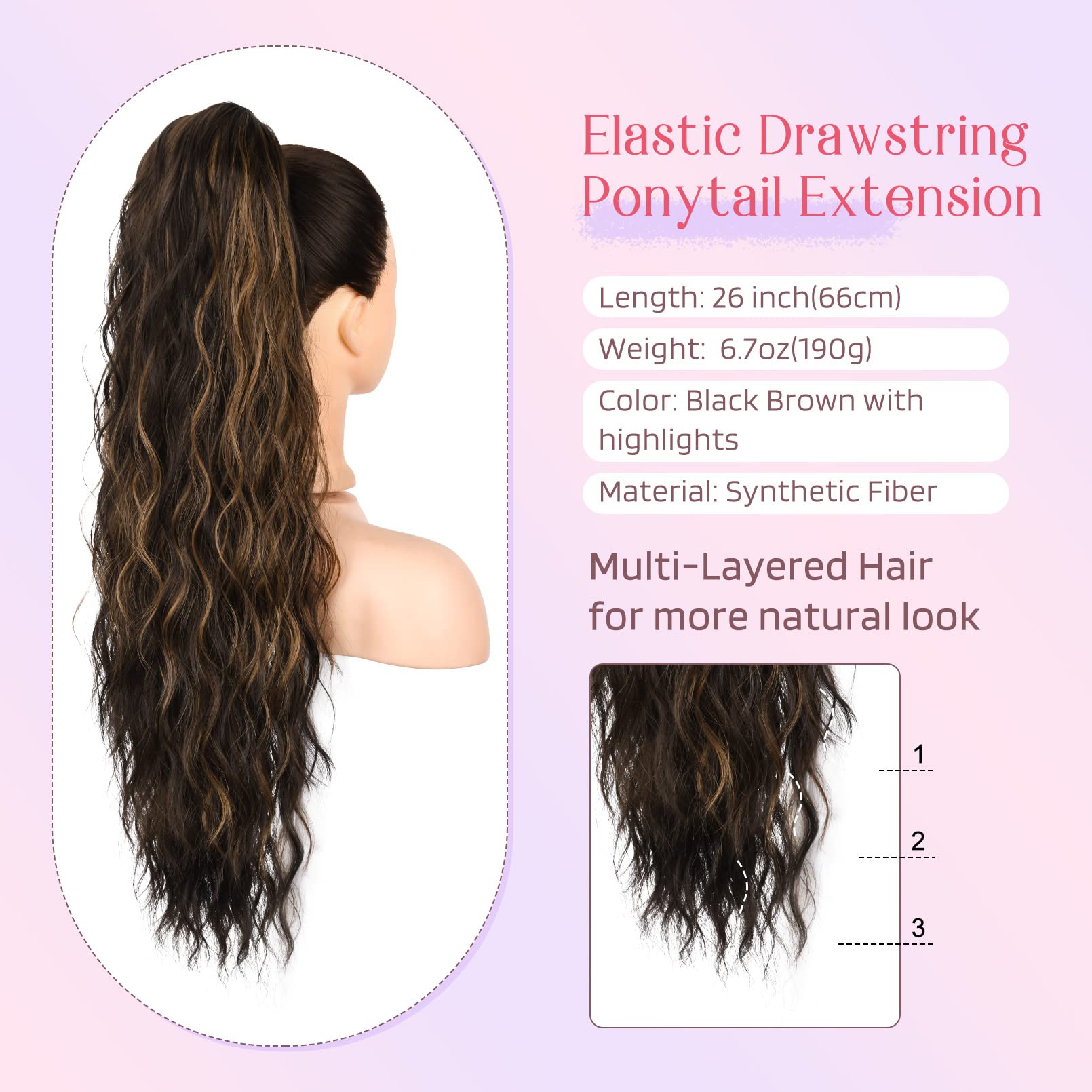Hoojih Ponytail Extension, Drawstring Ponytail Hair Extensions 26 Inch Long Curly Wavy Ponytail Natural Wavy Synthetic Hairpiece