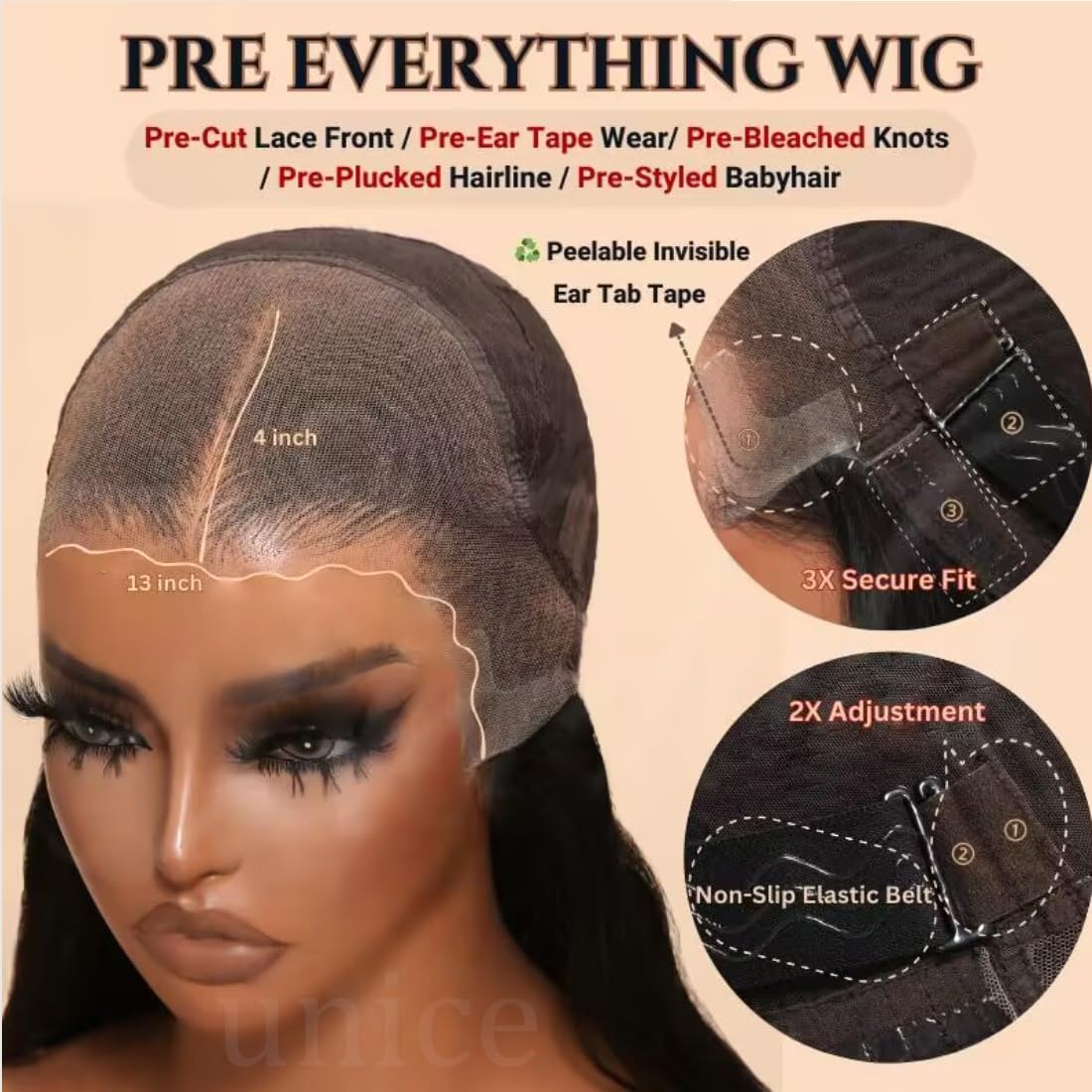 Unice Yaki Straight Short Bob Wig Human Hair Pre Everything Glueless Wig With Ear Tab Tapes 13X4 Lace Front Wigs Human Hair Pre
