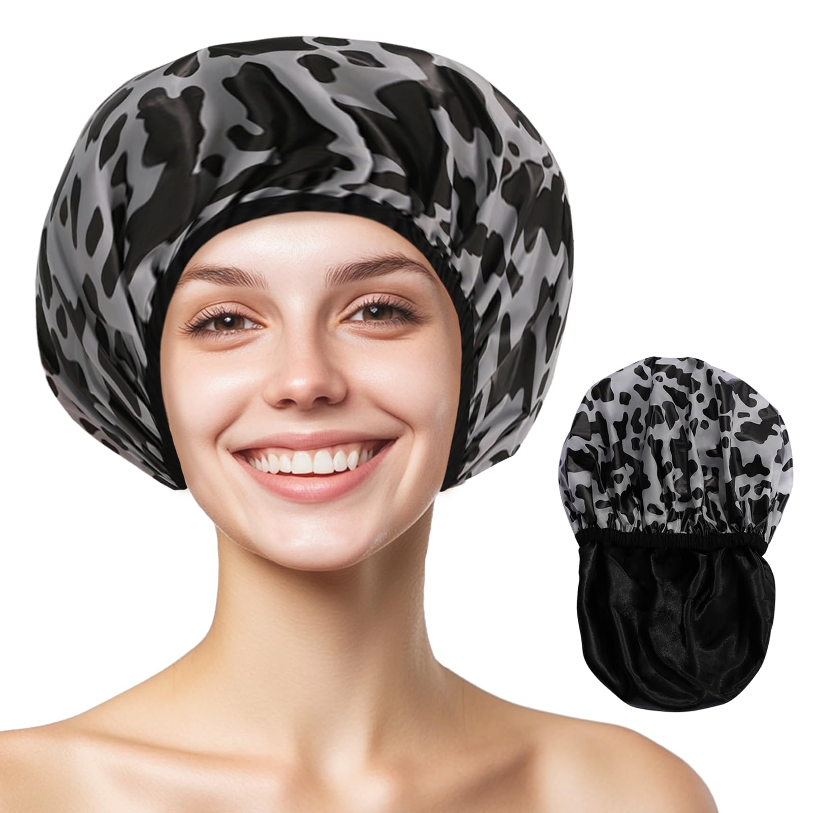 Yizijizi Shower Cap,Reusable Waterproof Shower Caps - Large Size For Women, Perfect For Long Hair (Black Cow)