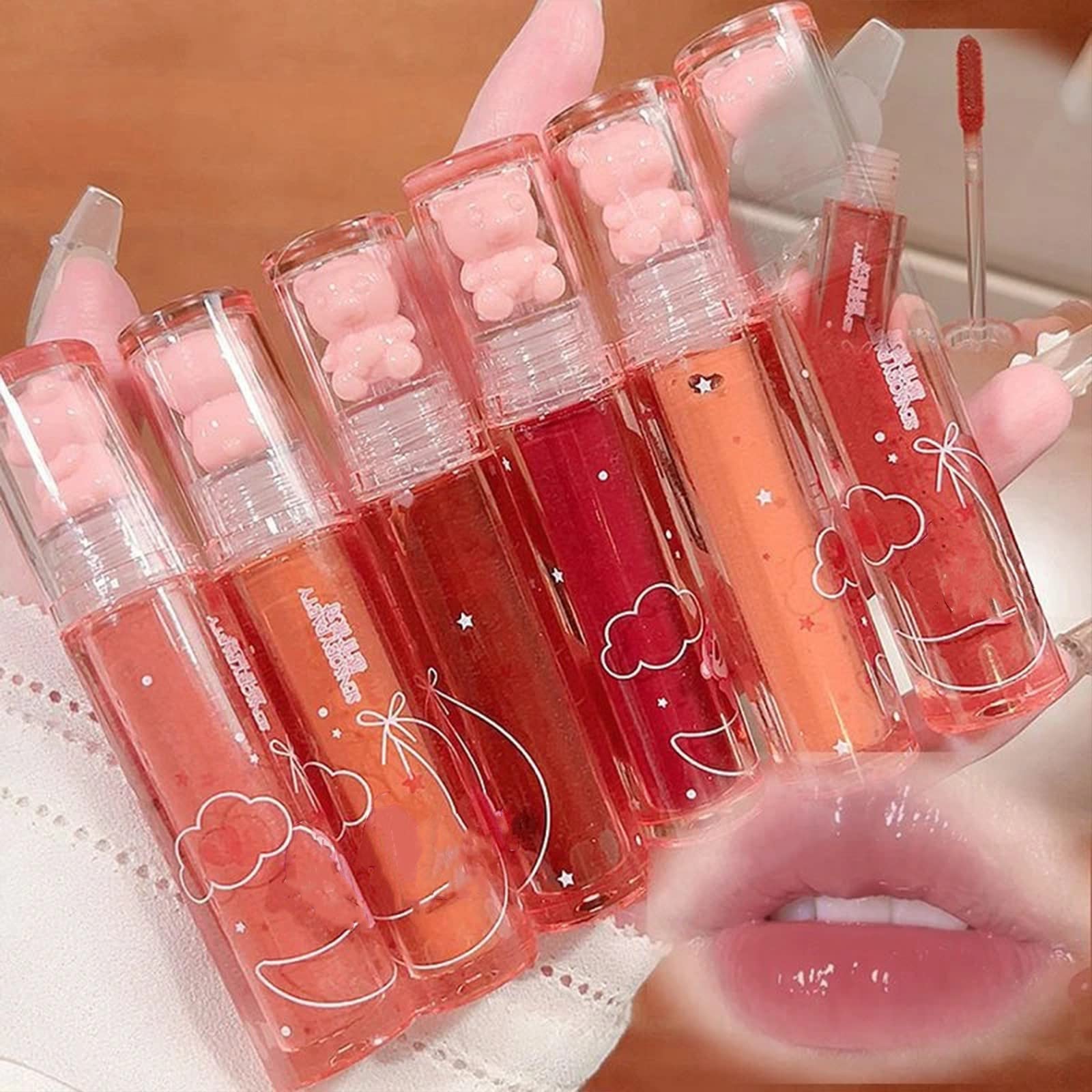 New Irven 2Pcs Bear Lip Glaze Jelly Lipstick,Liquid Lipstick Cute Bear Lipgloss Moisturizing Lip Stain Plumping Water Lip Gloss