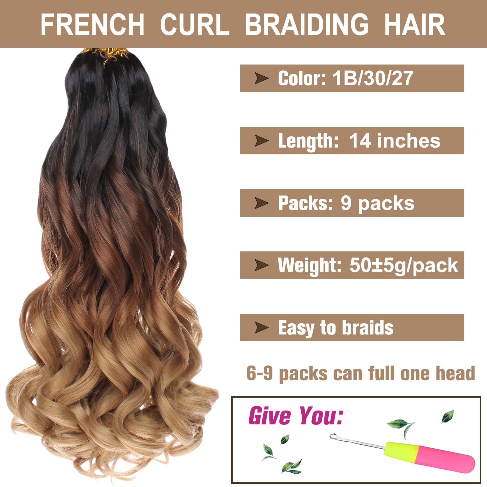 Cookoo 14 Inch 9 Packs French Curls Crochet Hair Pre-Stretched Loose Wave Braiding Hair Ombre 3 Tones Loose Curly Braids Precurl