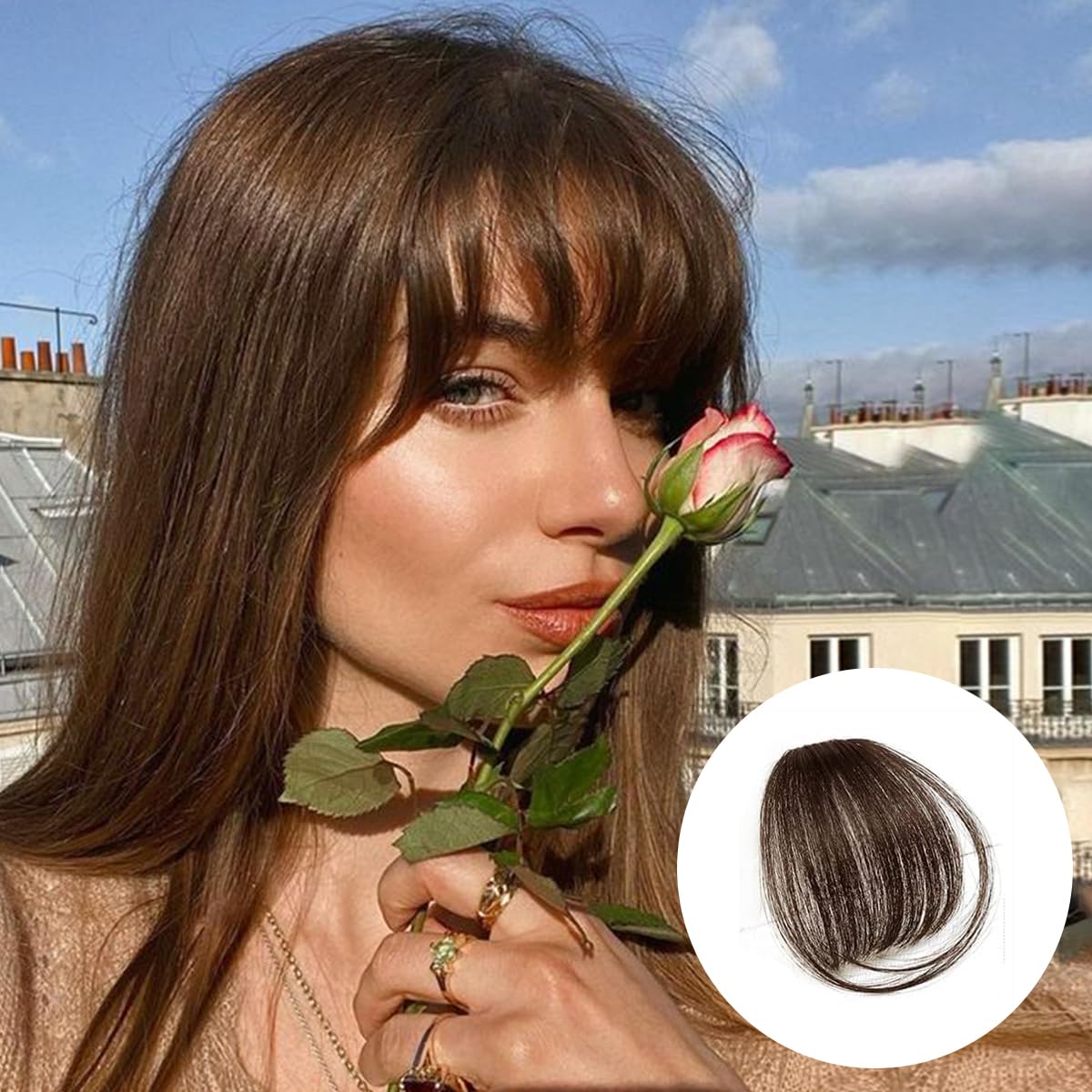 Bangs Hair Clip in bangs 100% Human Hair Extensions Dark Brown Wispy Bangs Clip on Bangs for Women Fringe with Temples Hairpiece
