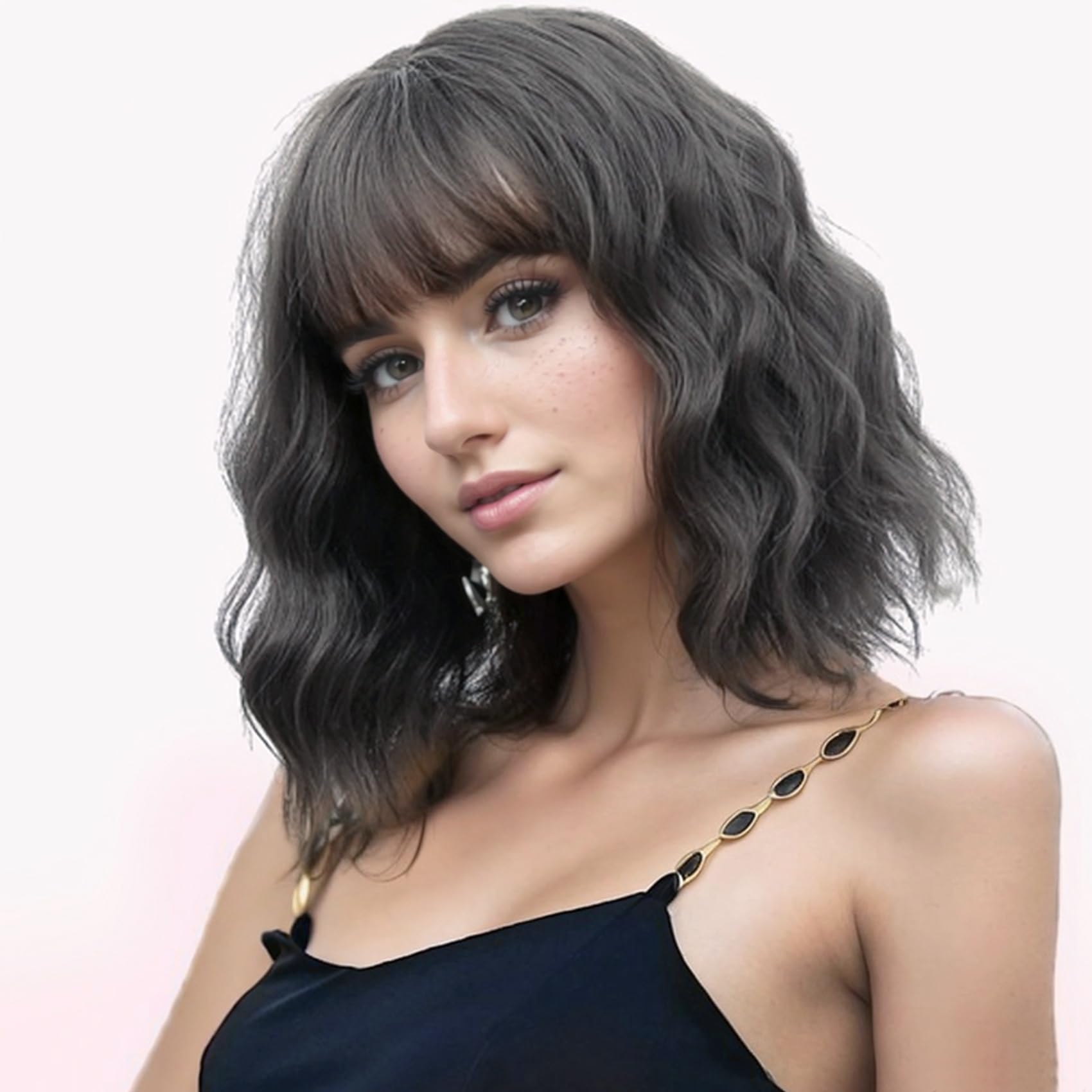 Vckovcko 12Inches Loose Wave Bob Wig Wavy Grey Bob Wig With Air Bang Curly Hair Wigs Synthetic Cosplay Party Wigs For Women (12I