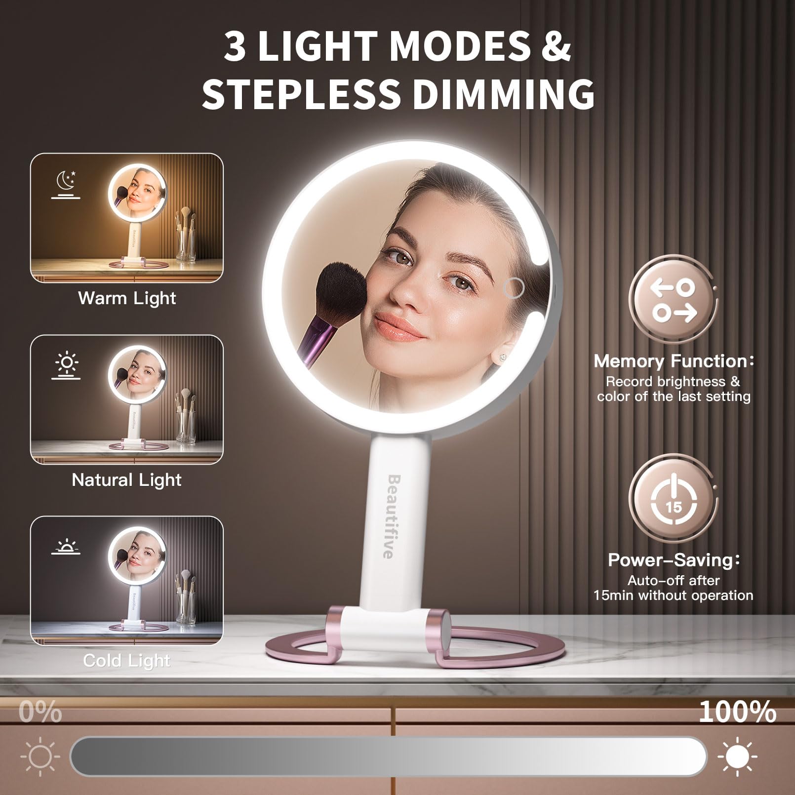Beautifive 3 in 1 Magnifying Mirror with Light, Rechargeable Double-Sided 10X/1X Lighted Makeup Mirror with Magnification, Stepl