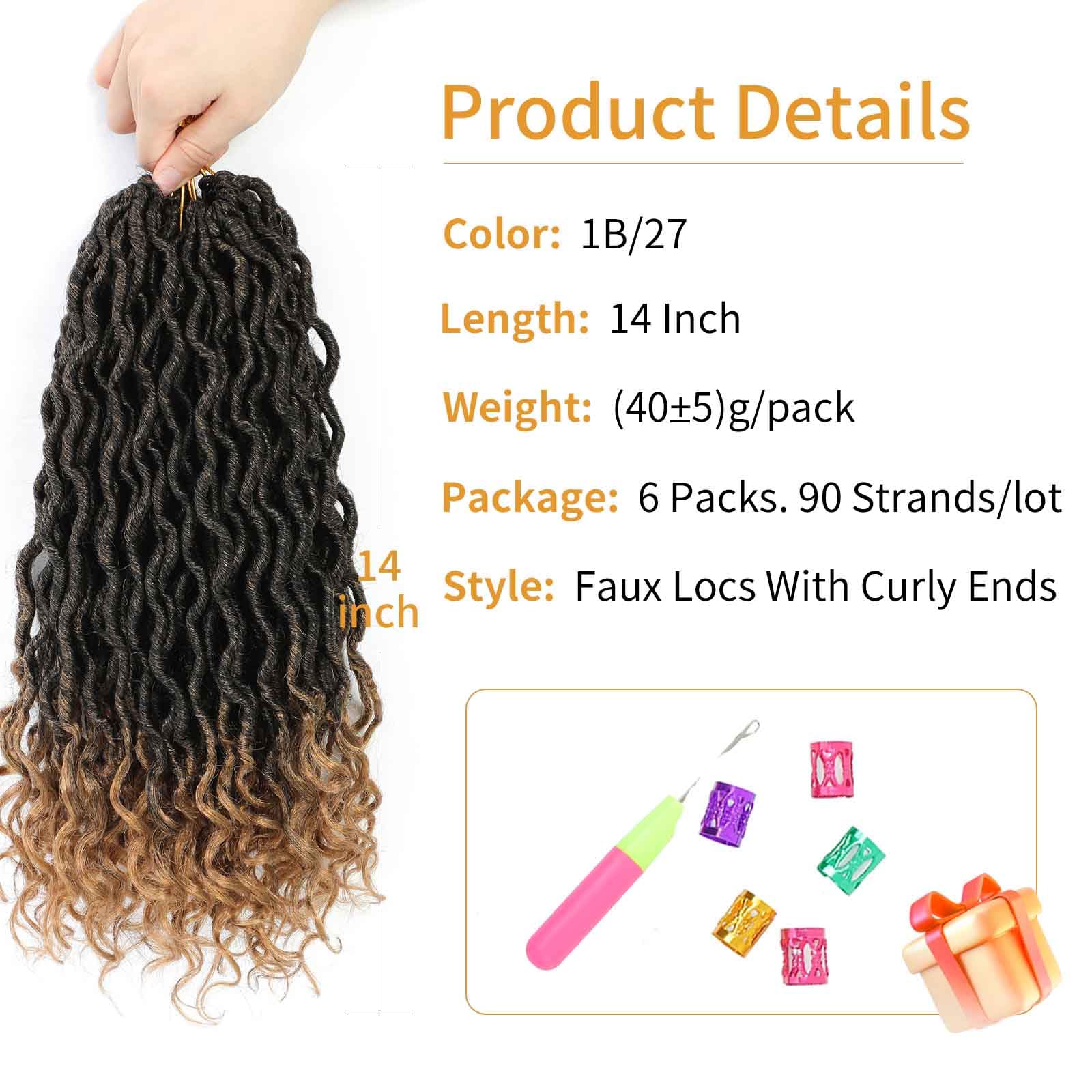 Goddess Locs Crochet Hair 14 Inch 6 Packs Ombre Faux Locs Crochet Hair Pre Looped Crochet Locs With Curly Ends Soft Braid Hair E