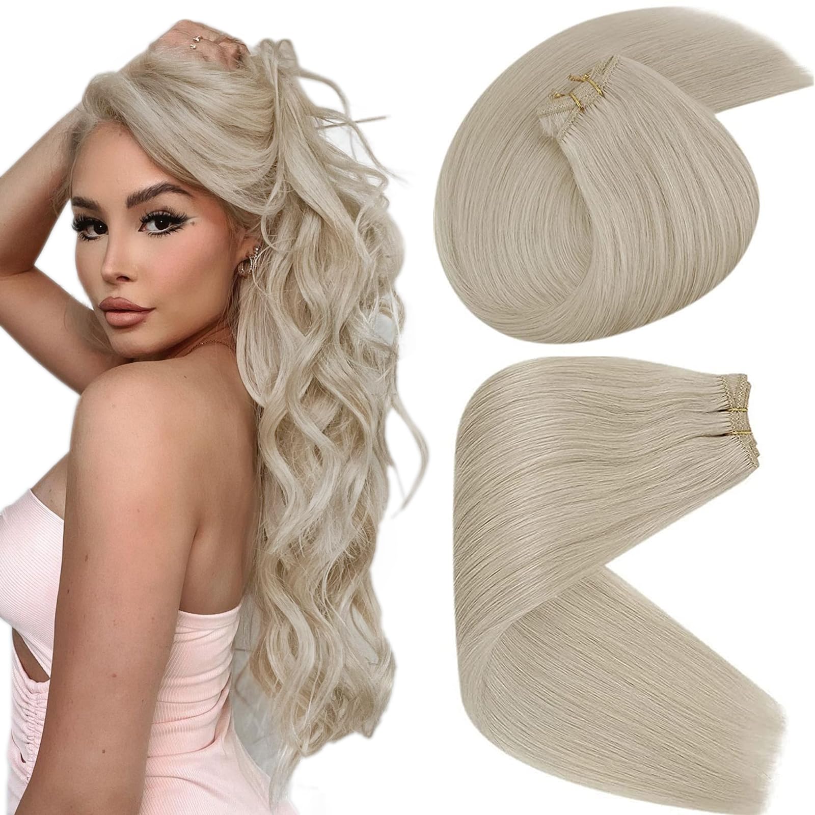 Sunny Blonde Human Hair Weft Extensions Platinum Blonde Sew In Hair Extensions Real Human Hair 22inch 100G Weft Hair Extensions