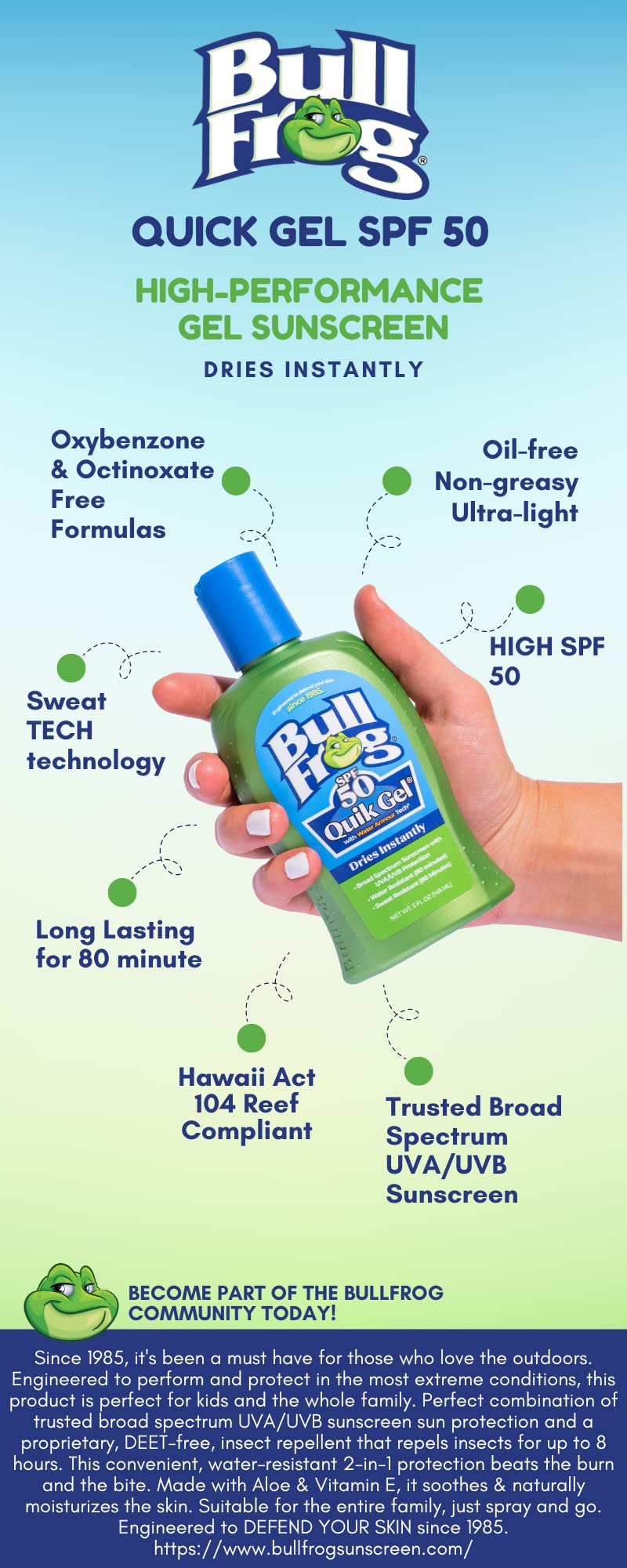 Bullfrog Quik Gel Sunscreen Spf 50 Reef Friendlysafe (Oxybenzone & Octinoxate Free) Broad Spectrum Moisturizing Uvauvb, 5Oz