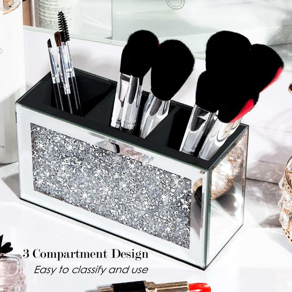 SHYFOY Mirrored Makeup Brush Holder Organizer, 3 Slot Glass Cosmetics Brushes Storage Holders with Crystal Crushed Diamond, Cute