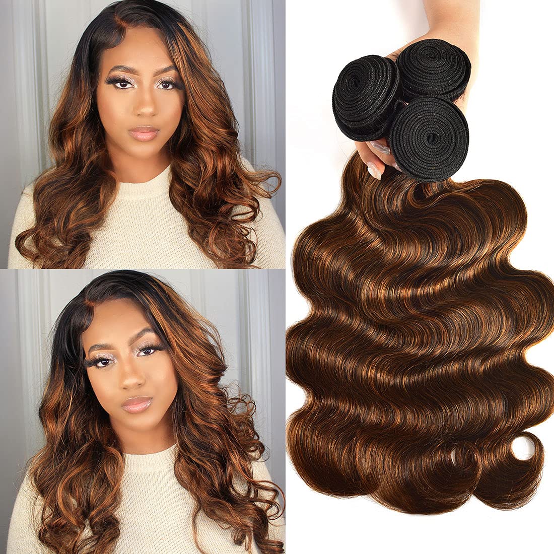 Nadula Hair 12A Brown Balayage Ombre Body Wave Human Hair Weave 3 Bundles, Brazilian Highlight Remy Hair Chocolate Brown Human H