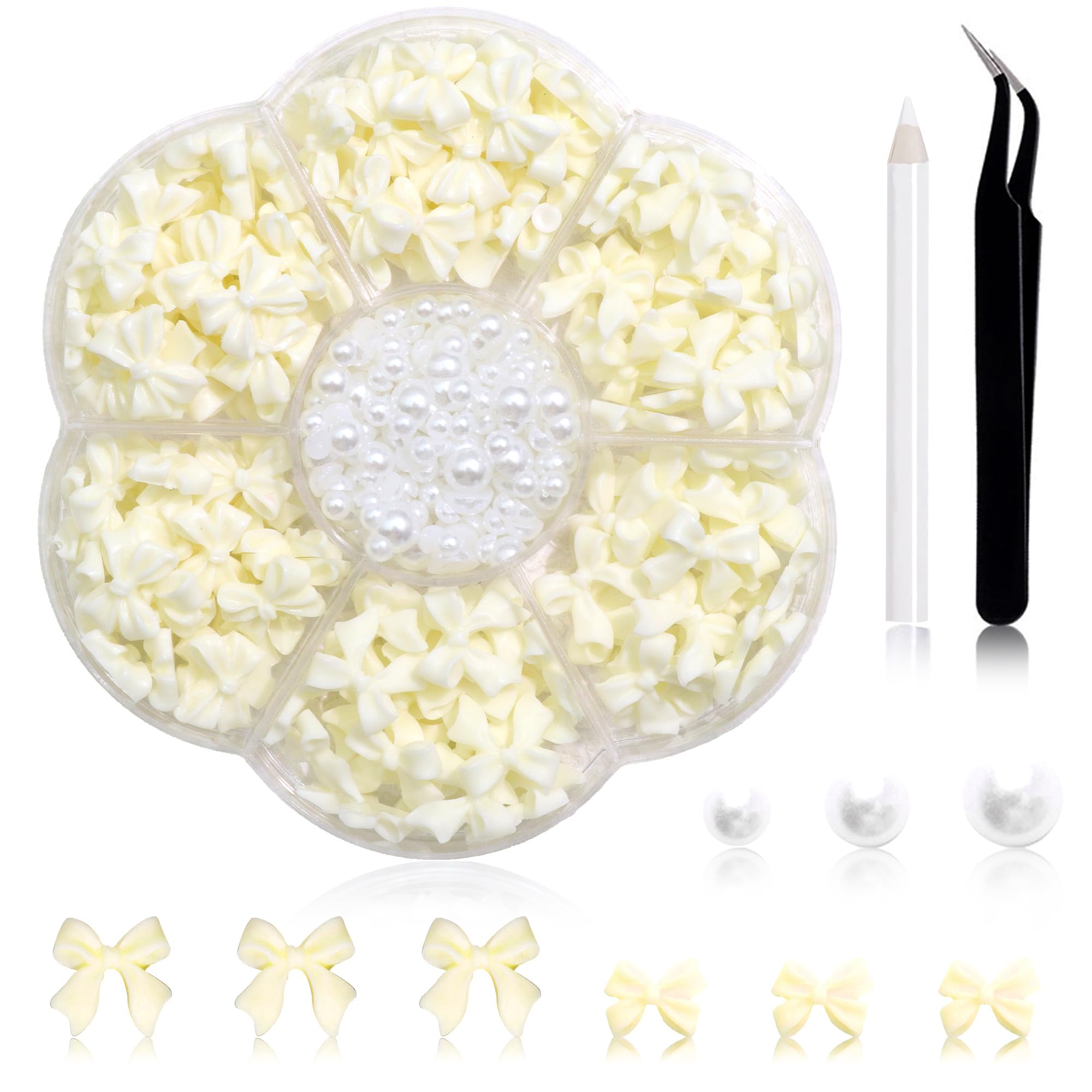 300Pcs Bow Nail Charms and Flatback Pearls,Beige Bowknot 3D Cute Nail Charms for Acrylic Nail Supplies Design,3-5mm White Half P