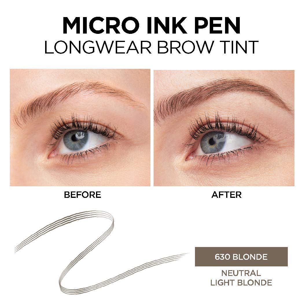 L'Oreal Paris Micro Ink Pen by Brow Stylist, Longwear Brow Tint, Hair-Like Effect, Up to 48HR Wear, Precision Comb Tip, Blonde,