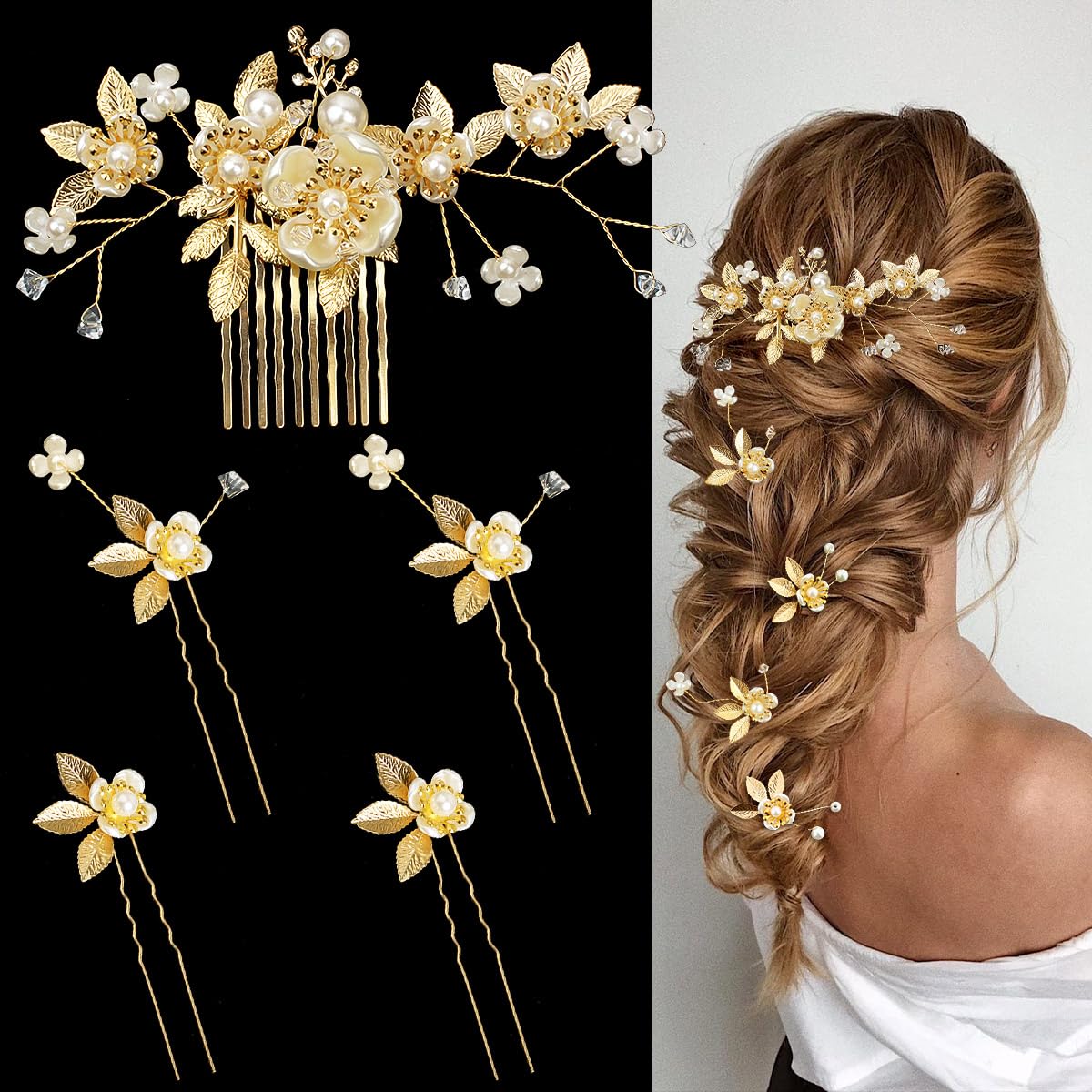 5 Pieces Gold Leaf Hair Pins Flower Pearl Hair Forks Bridal Hair Clips Headpiece Vintage Wedding Hair Accessories for Women Girl