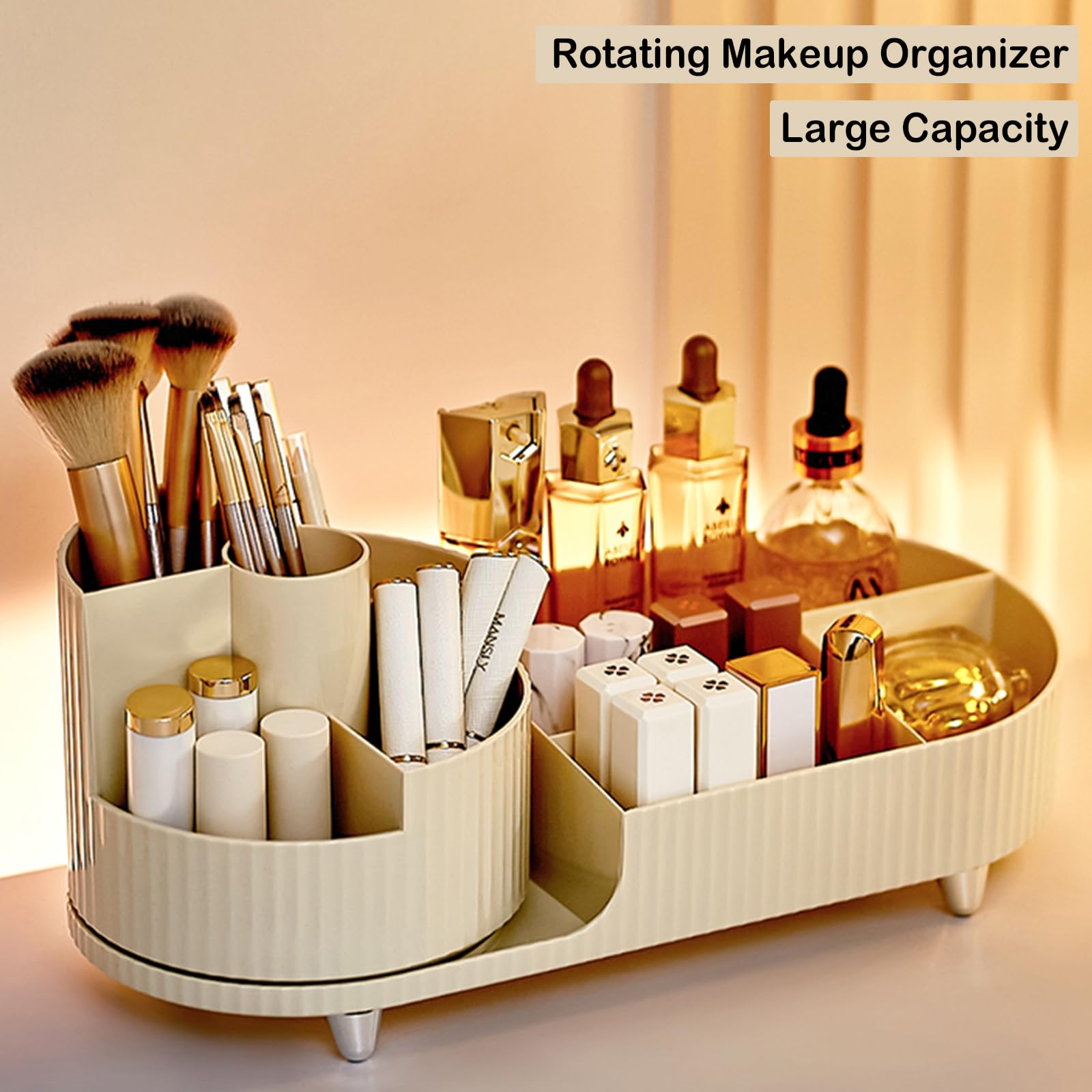 New 360 Rotating Makeup Organizer For Vanity With Brush Holder, Cosmetic Makeup Storage Organizer, Large Spinning Makeup Skincar