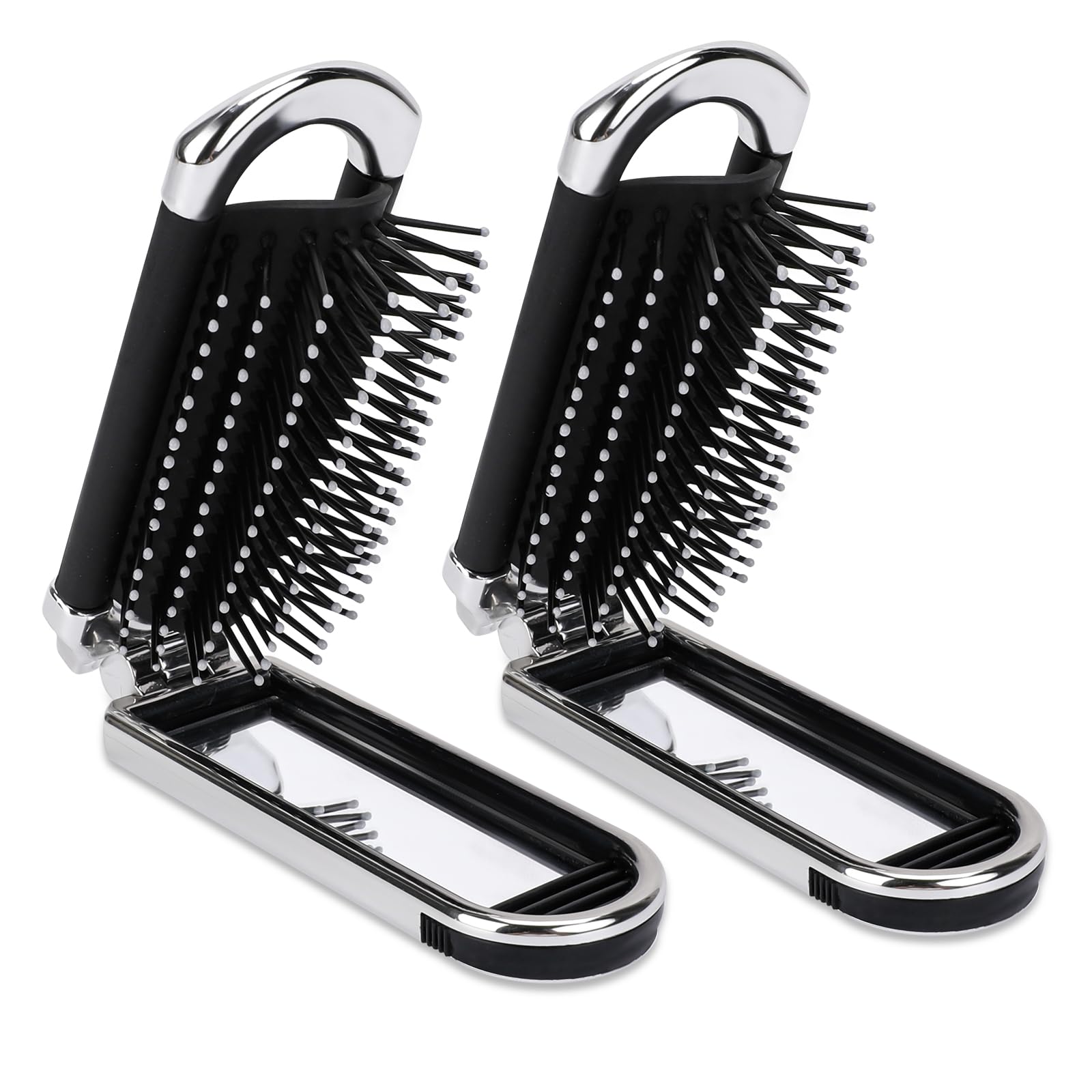 2 Pack Folding Travel Hair Brush For Women And Men, Small Portable Hairbrush With Mirror Mini Collapsible Pocket Size Brush Comp