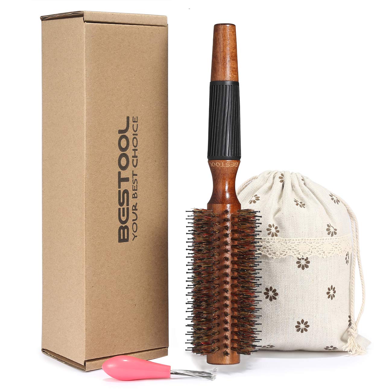 BESTOOL Round Brush for Blow Drying, Round Hair Brush for Women or Men, Boar Bristle Small Round Hairbrush for Quick Blowout, Ad
