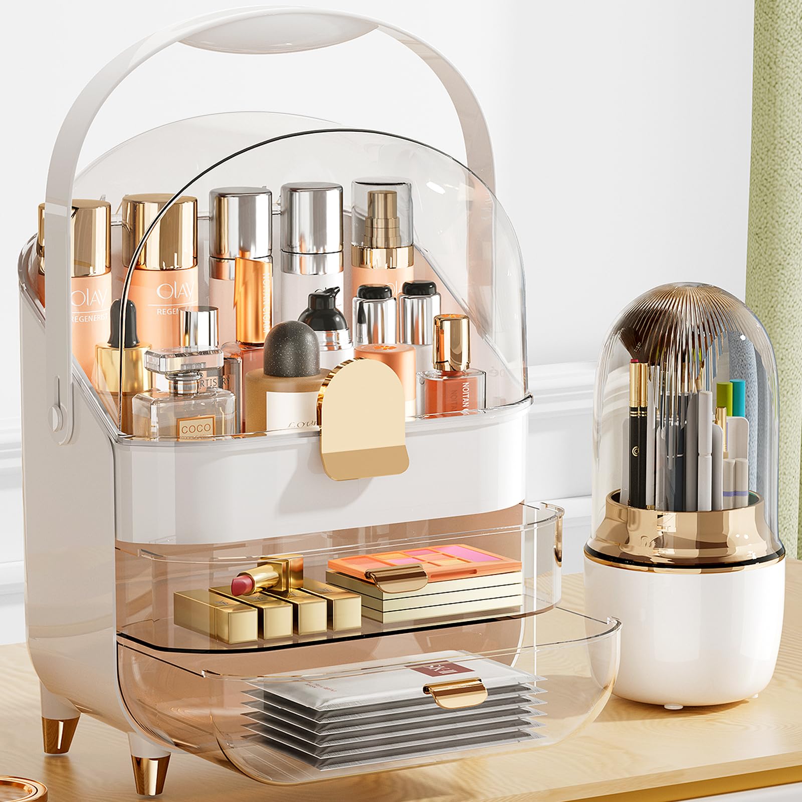 Makeup Organizer Skincare Organizers With Brush Holder, 3 Layers Large Capacity Cosmetic Storage,Make Up Storage Organizers With