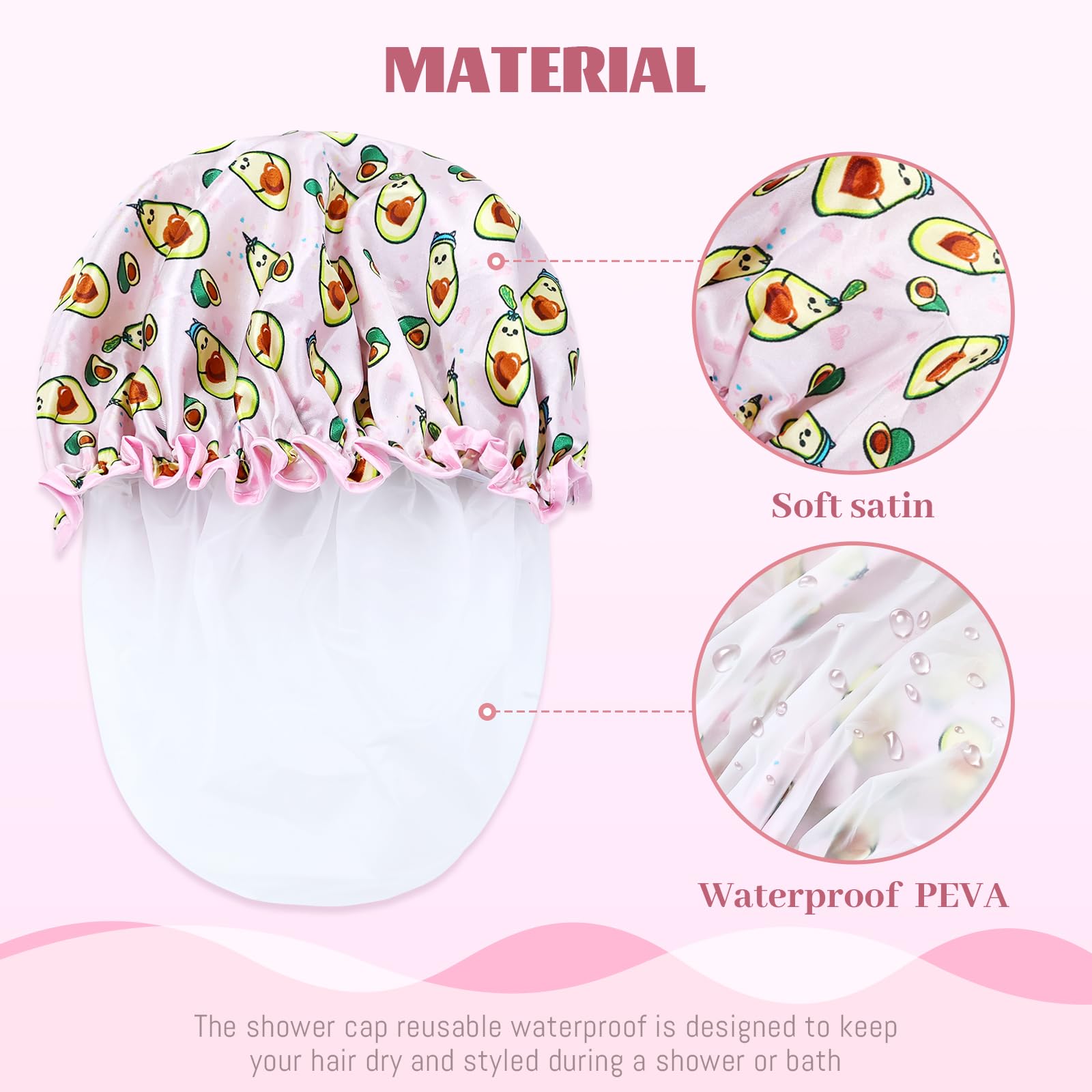 Lawie 4 Pack Double Layer Waterproof Reusable Satin Shower Caps With Adjustable Bath Hair Caps Stretchy Peva Bathing Hats Bonnet