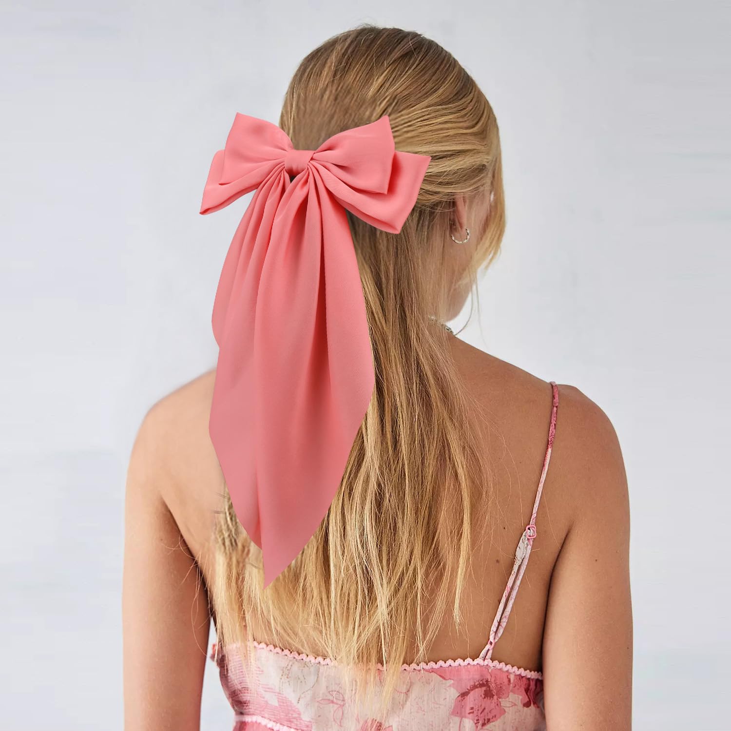 Atoden Silky Satin Hair Bows 2Pcs Green Pink Big Hair Bows Hair Ribbons Oversized Long Tail Bow Hair Clips Large Hair Ribbon Bar