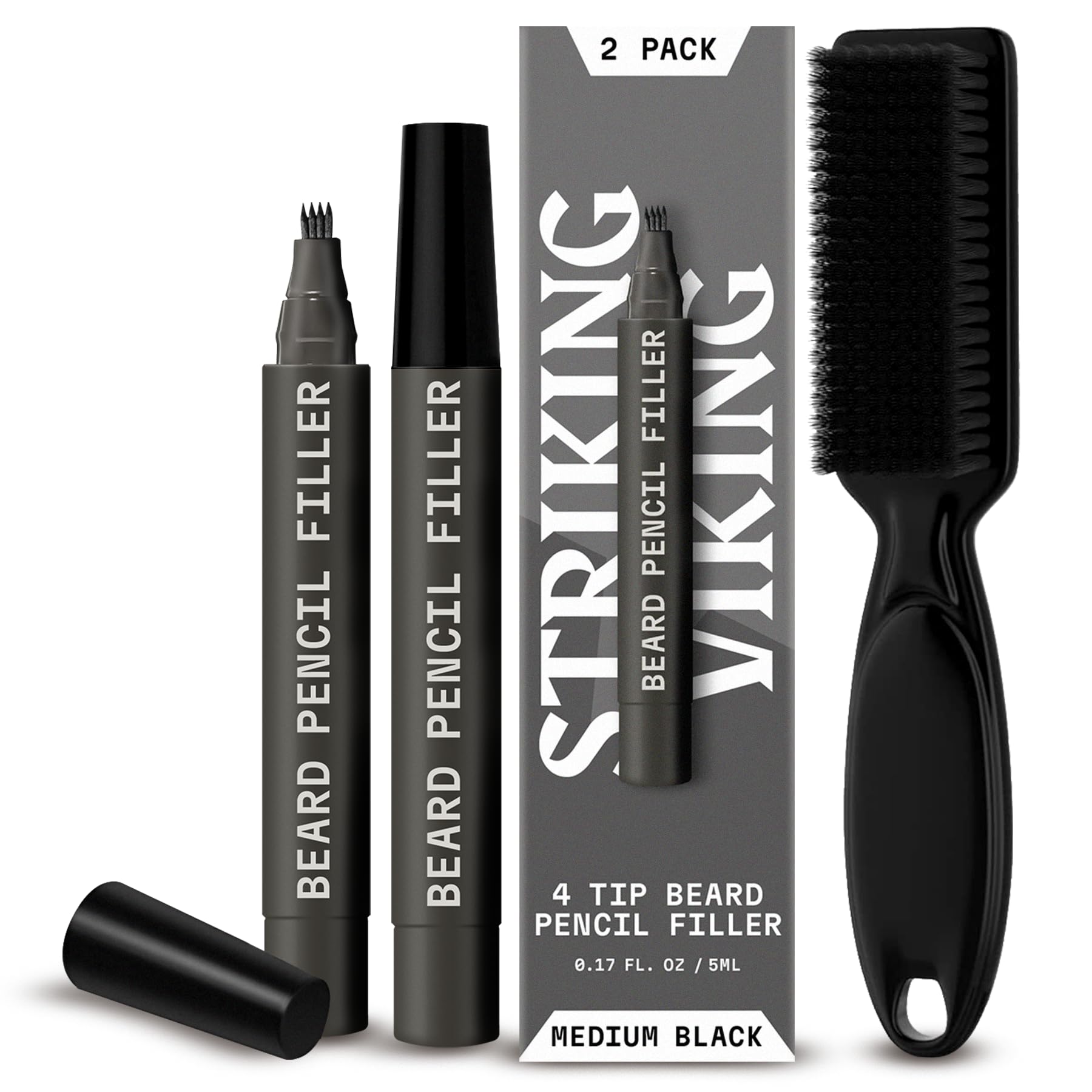 2 Pack Beard Filling Kit With 4 Tips - Long Lasting Waterproof Pencil And Brush, Shape & Define Your Beard - Striking Viking (Me