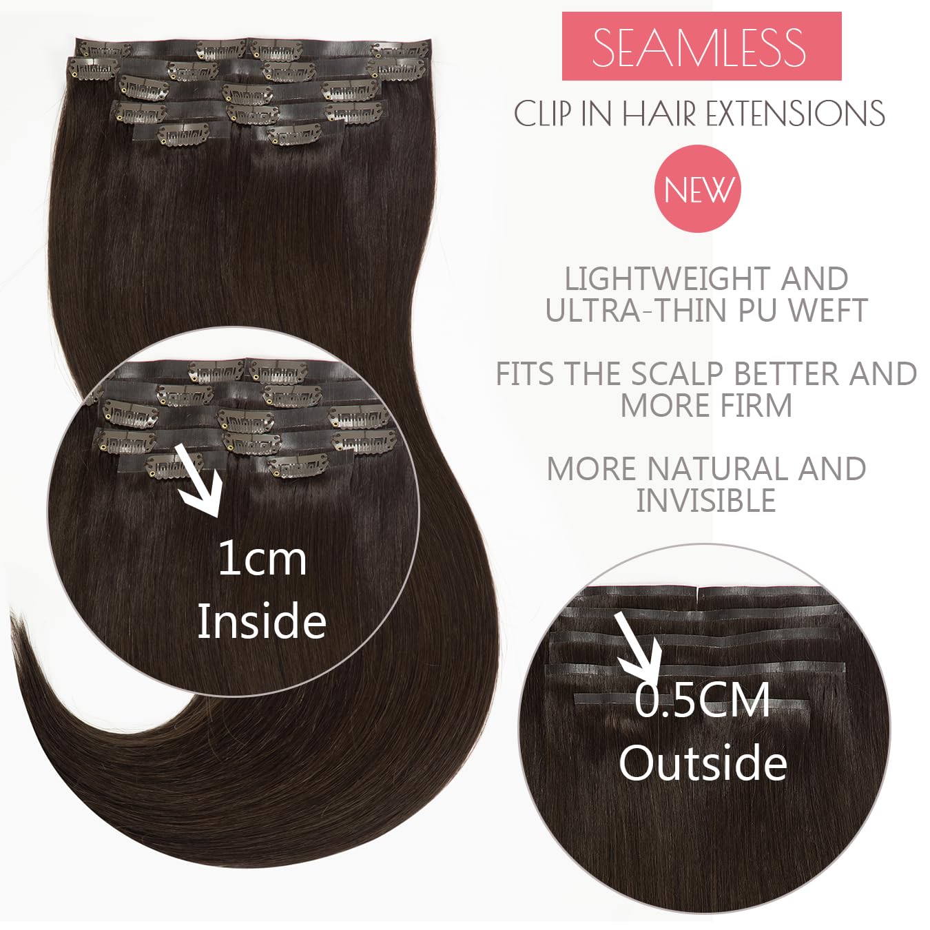 Loxxy 18Inch Glam Seamless Clip In Hair Extensions Human Hair Darkest Brown Invisible Clip In With Pu Weft Natural Brown Hair Ex