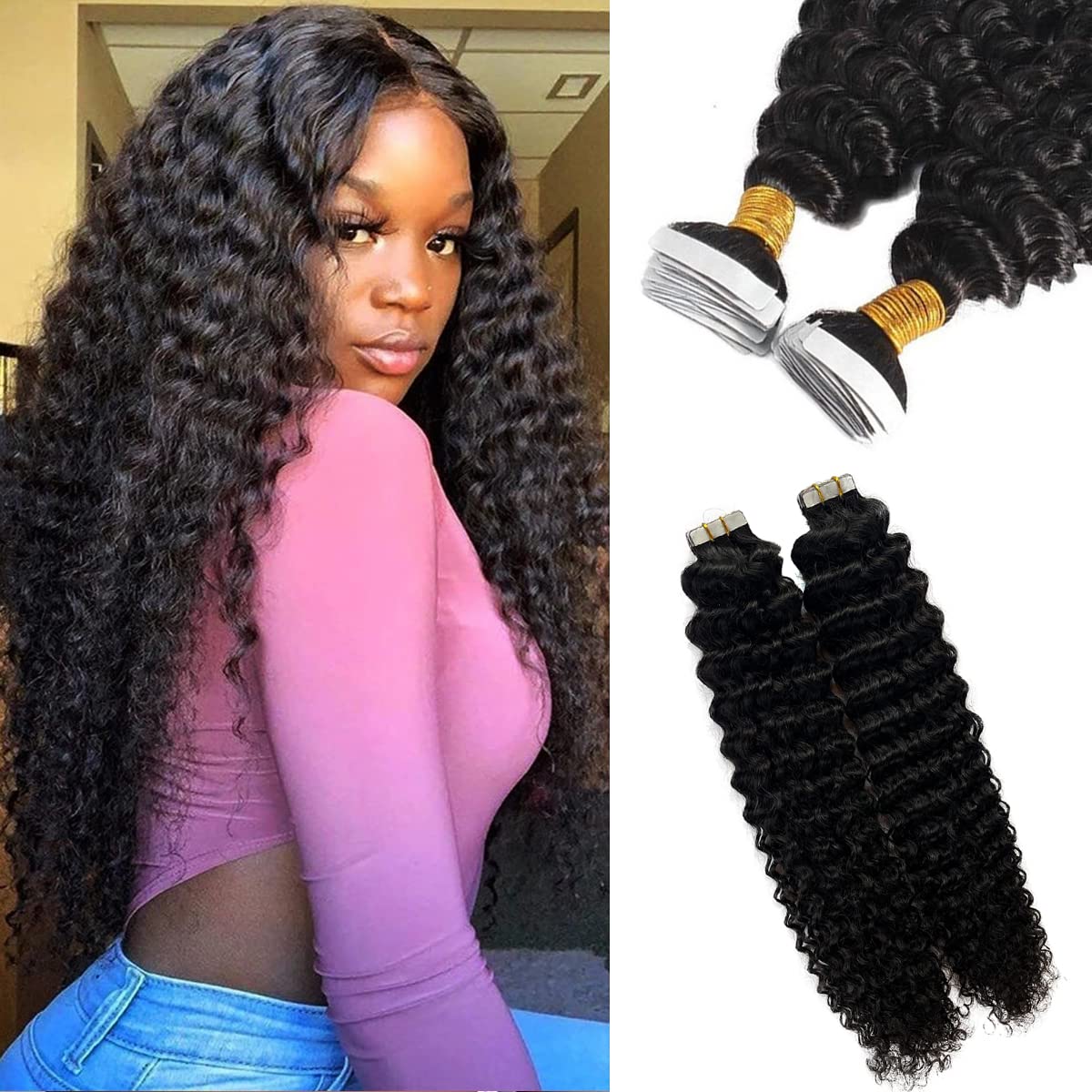 Hair Extensions Tape Ins, Natural Black Curly Hair Tape Ins Hair Extensions For Black Women Double Sided Tape Hair 9A Brazilian