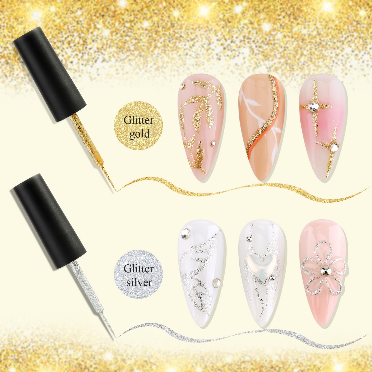Fcozpjk Gel Liner Art Set 2PCS Sparkle Glitter Silver Gold Gel Polish 8ml Soak Off UV Painting with Built in Thin Nail Brush Swi