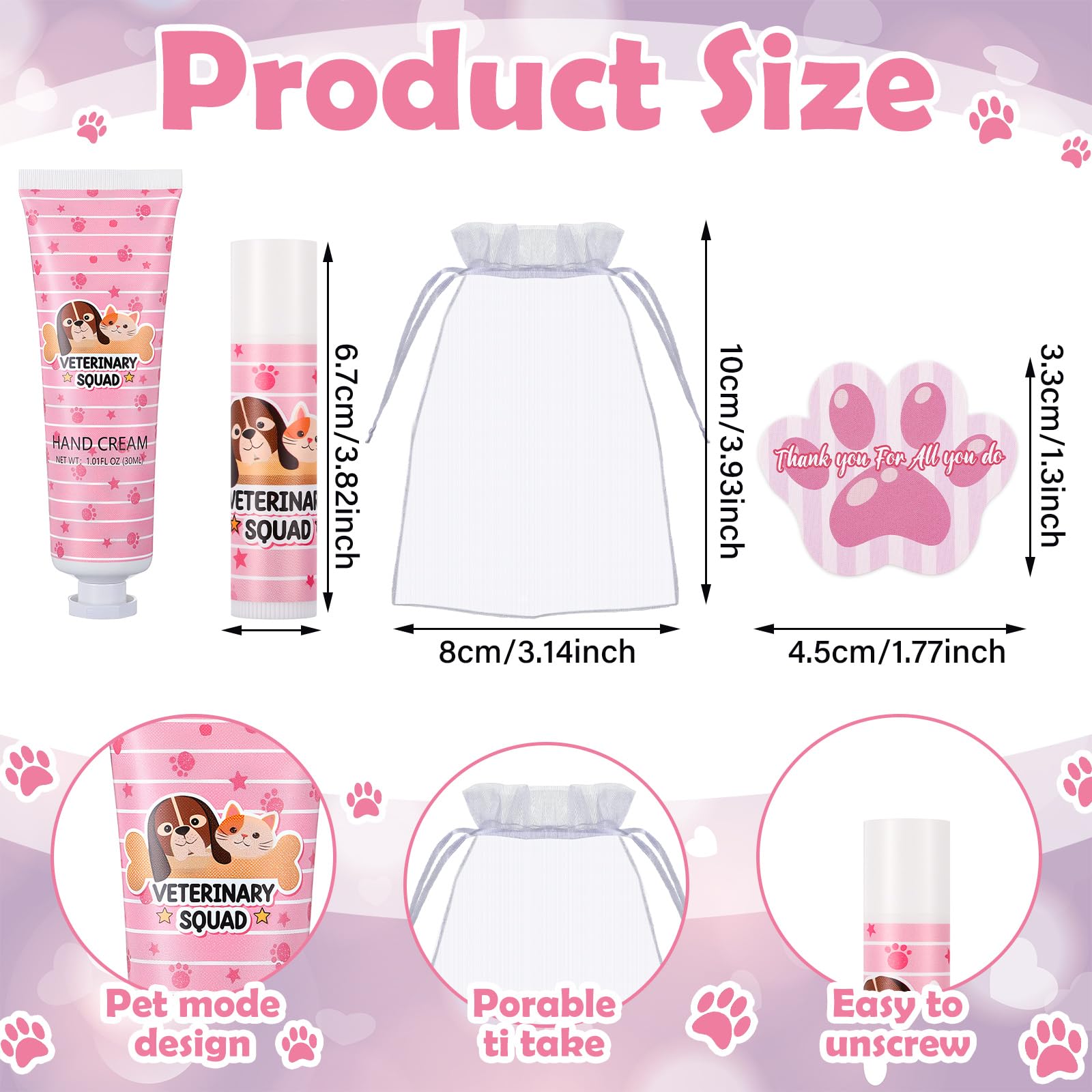 Heigble 30 Sets Christmas Vet Tech Hand Cream and Lip Balm Bulk Hand Lotion Lip Balm with Organza Bag Thank You Tag for Veterina