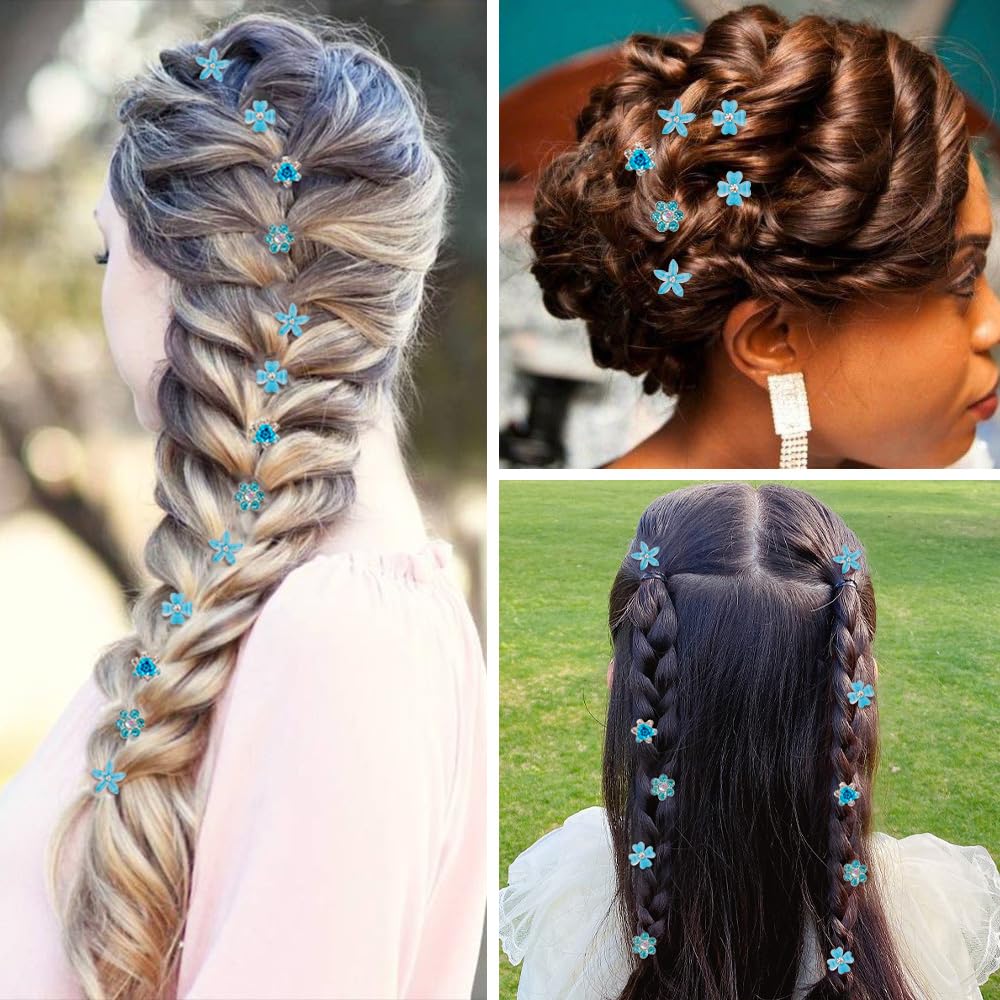 Ahoney 20Pcs Mini Clips For Hair Blue Flower Hair Clips With Rhinestone Cute Hair Pins Decorations Hair Clips For Wedding Prom H